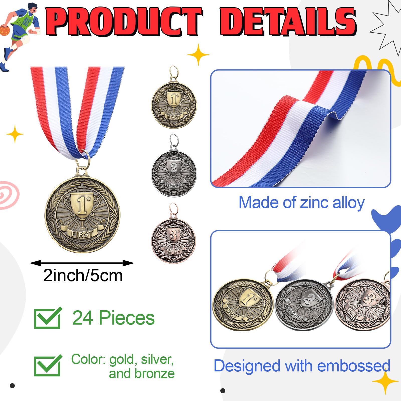 RoundFunny Auszeichnungsmedaillen 1. 2. 3. Platz Medaillen Metall Gewinner Trophäe Auszeichnungen Gold Silber Bronze Preise für Sportwettbewerbe Party, 5,1 cm