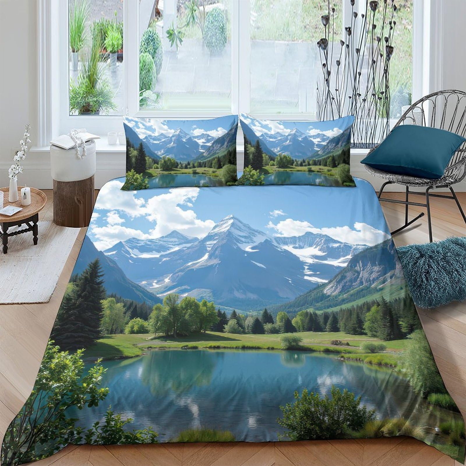 Ctjqhvkz Style-6 3D Printed Mountain Lake Fitted Sheet Microfiber Scenic Forest Bed Cover For Bedroom Guest Room Easy Care Single（135X200cm）