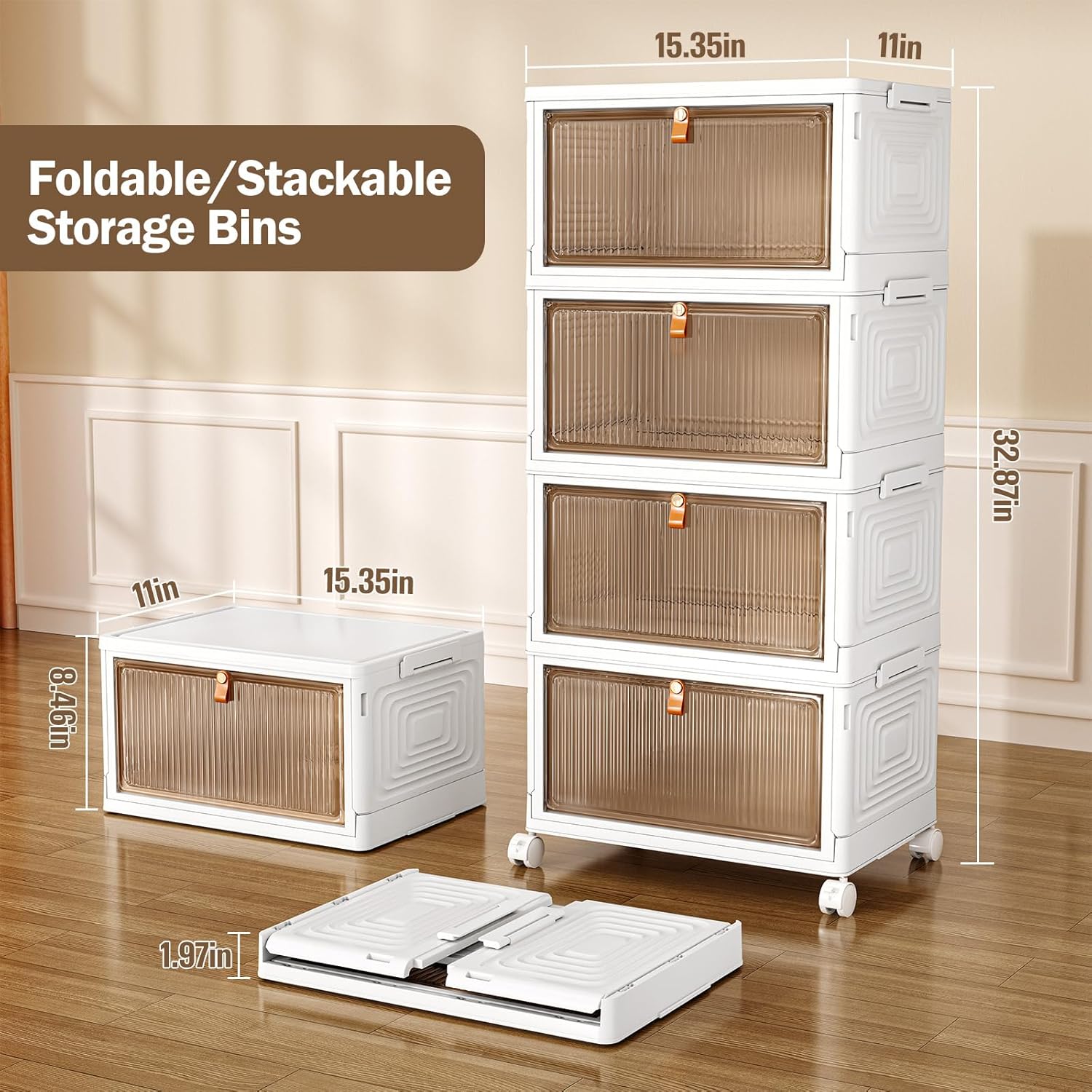 SNSLXH 4 Tier Plastic Storage Bins with Lid 23QT, Stackable Storage Containers with Wheels, Folding Storage Box, Stackable Storage Bins, Closet Organizers and Storage for Living Room,Office,Dorm - Image 3