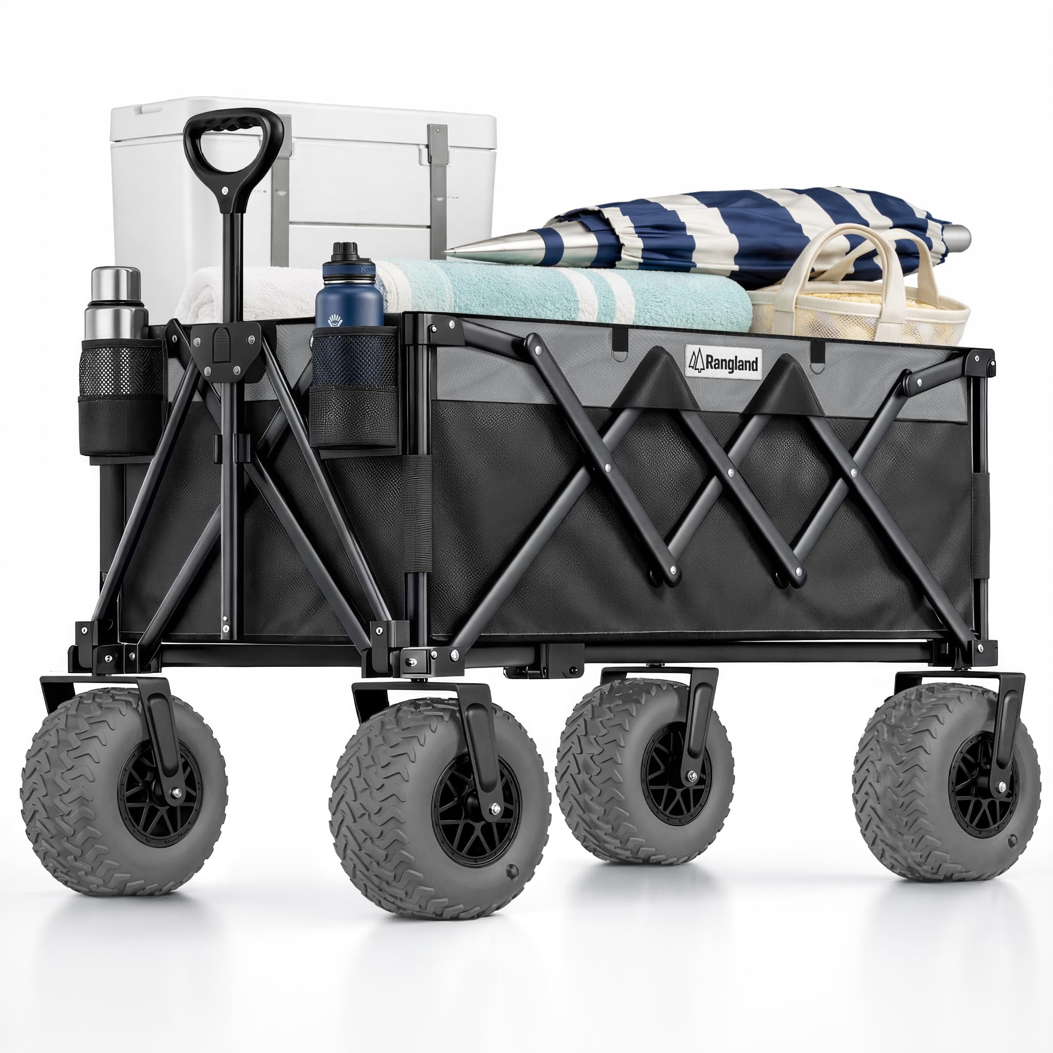 Beach Wagon - Carrello pieghevole per tutti i terreni con ruote grandi per sabbia e ghiaia, capacità 136 kg, colore: nero/grigio