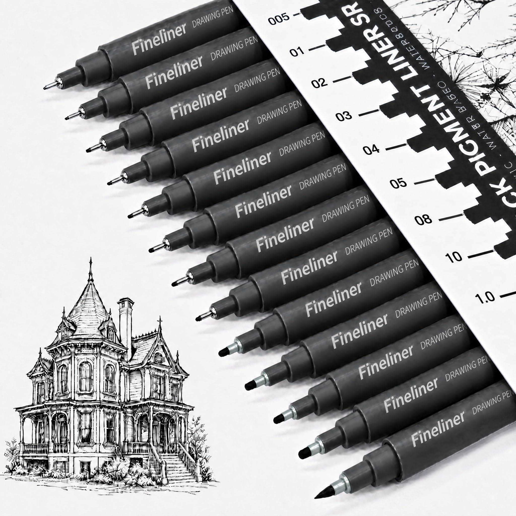 Boyfield Fineliner Pens 12 Drawing Pens, 0.2mm-3.0mm & BR for Art (Black)
