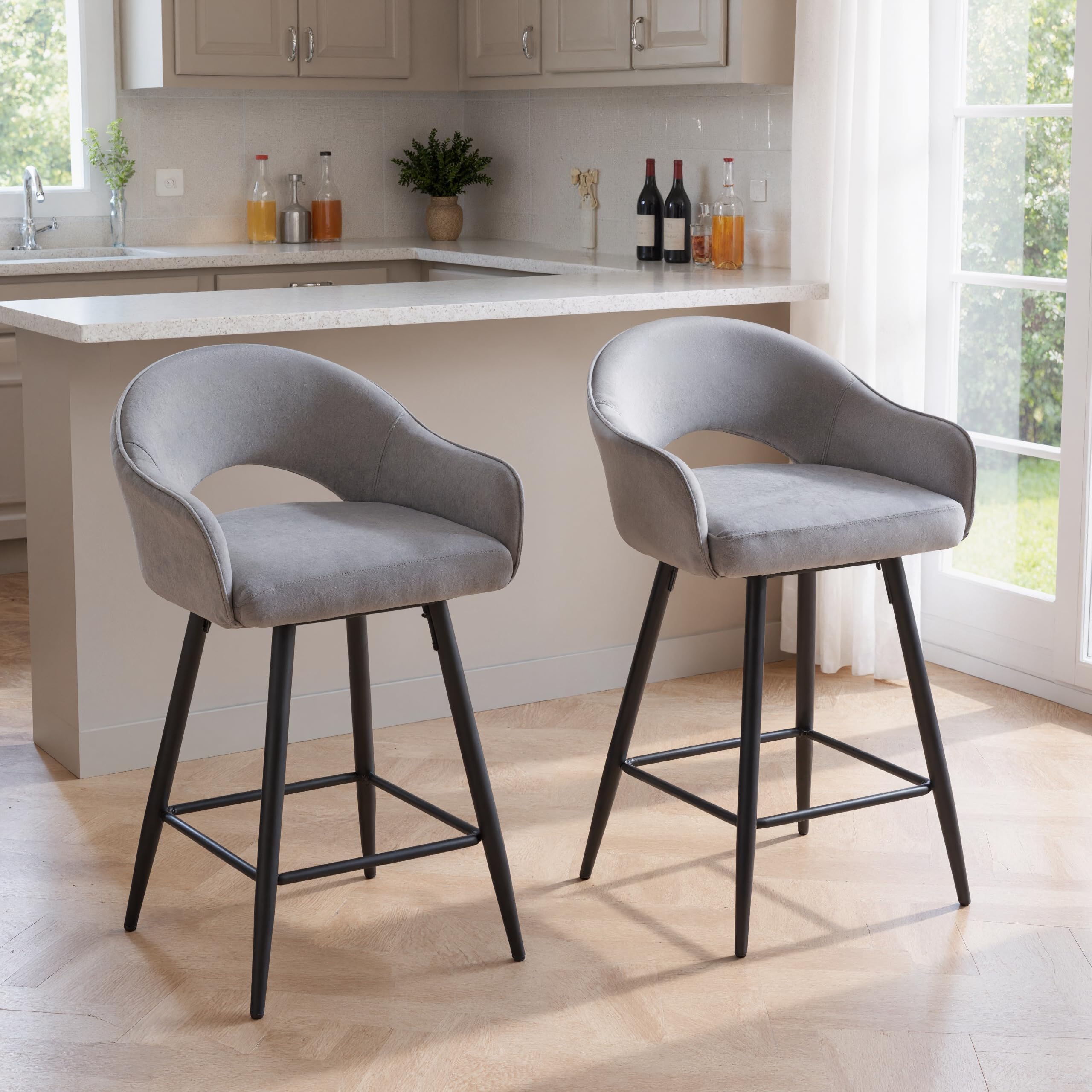 Ya-Home Swivel Bar Stools Set of 2 Kitchen Stools with Metal Legs, Grey
