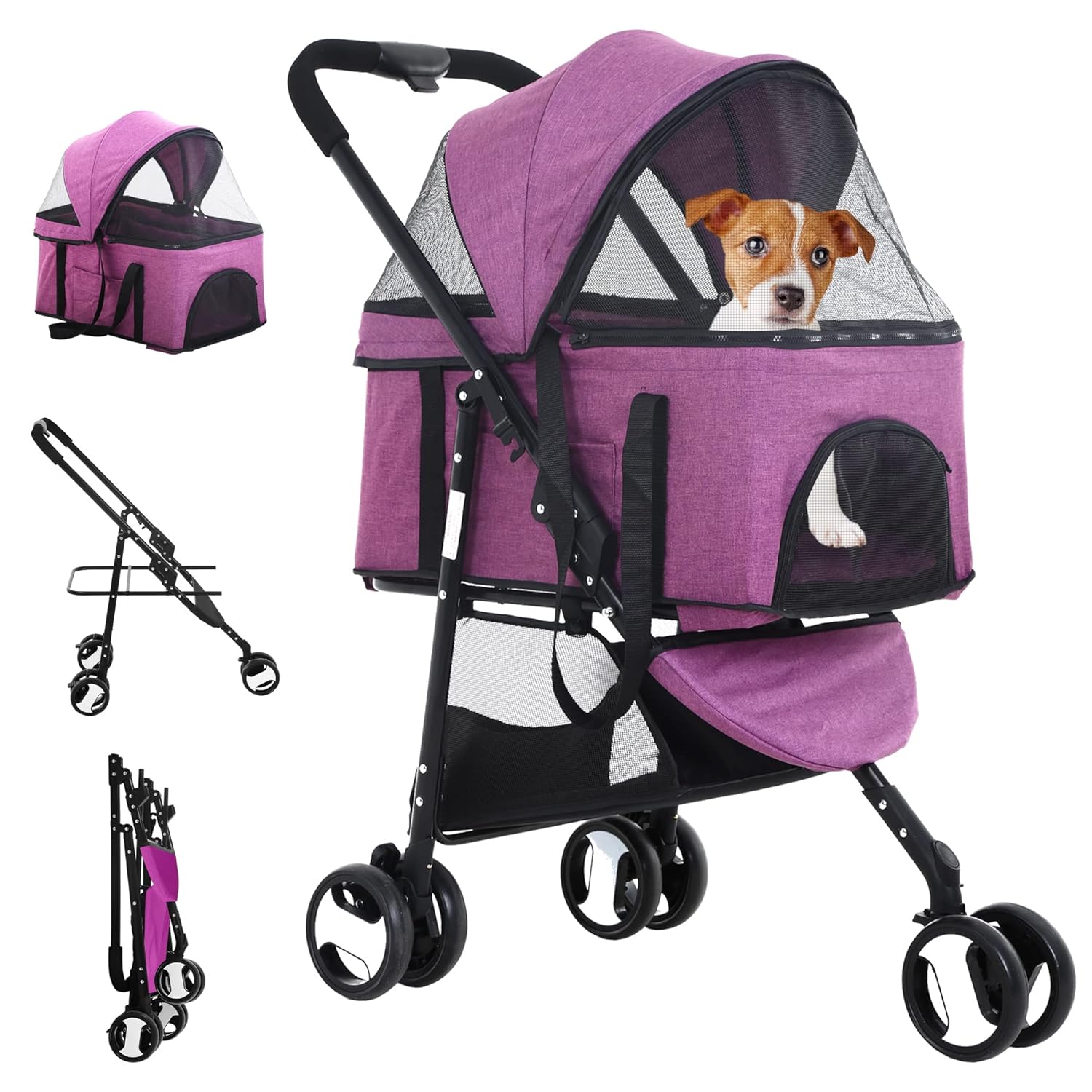 Dog Stroller 4 Wheels Cat Strollers Double Layer Pet Strollers Pet Carriers Jogger Stroller for Medium Dogs Cats Travel Camping Strolling Cart with Cup Holder Removable Liner, Black