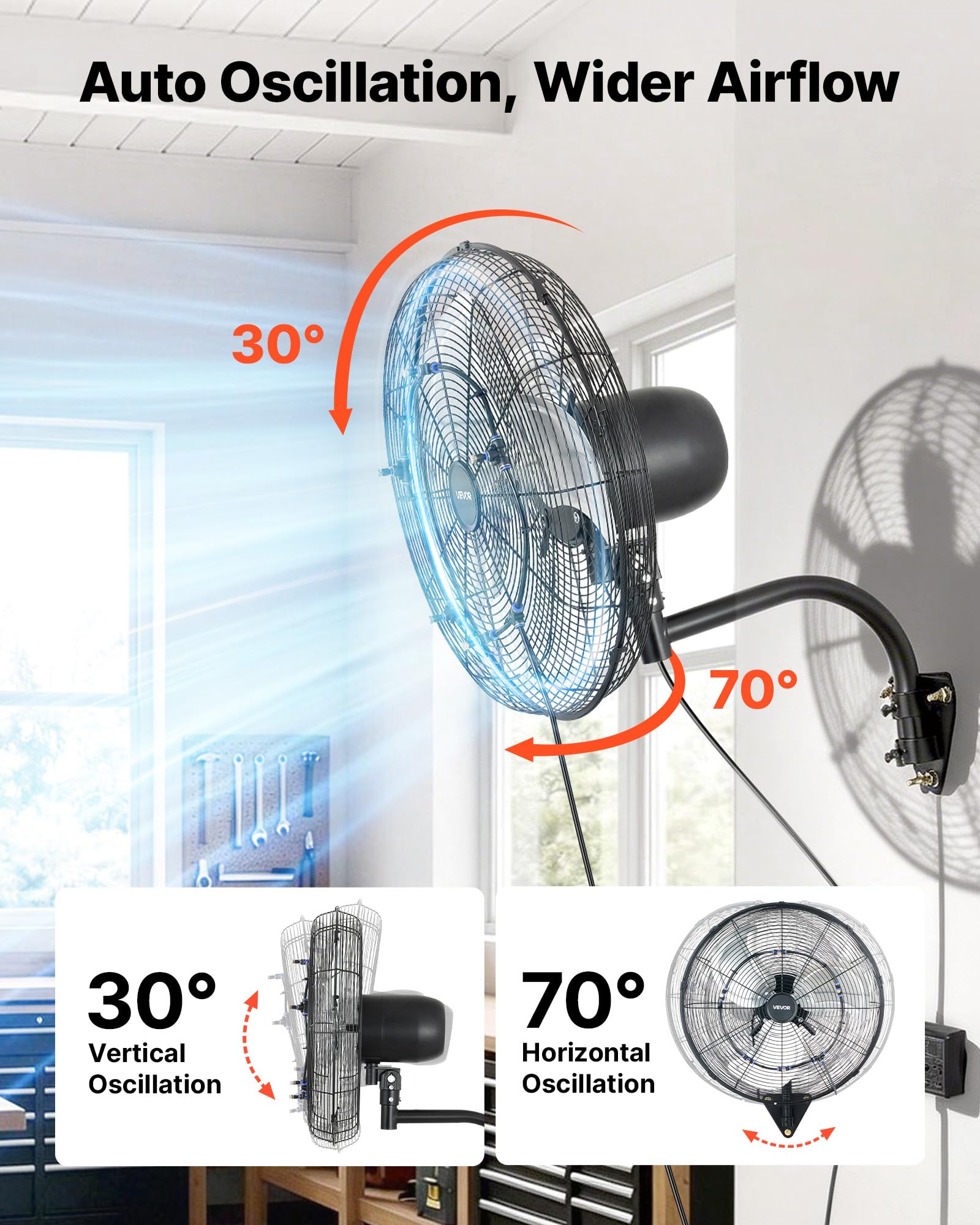 VEVOR Ventilatore da Parete Industriale, 505 mm, Ventilatore Oscillante a Muro con Nebulizzazione, IP44, 3 Velocità, Telecomando, Flusso d'Aria Potente, per Officine, Garage e Ambienti Commerciali