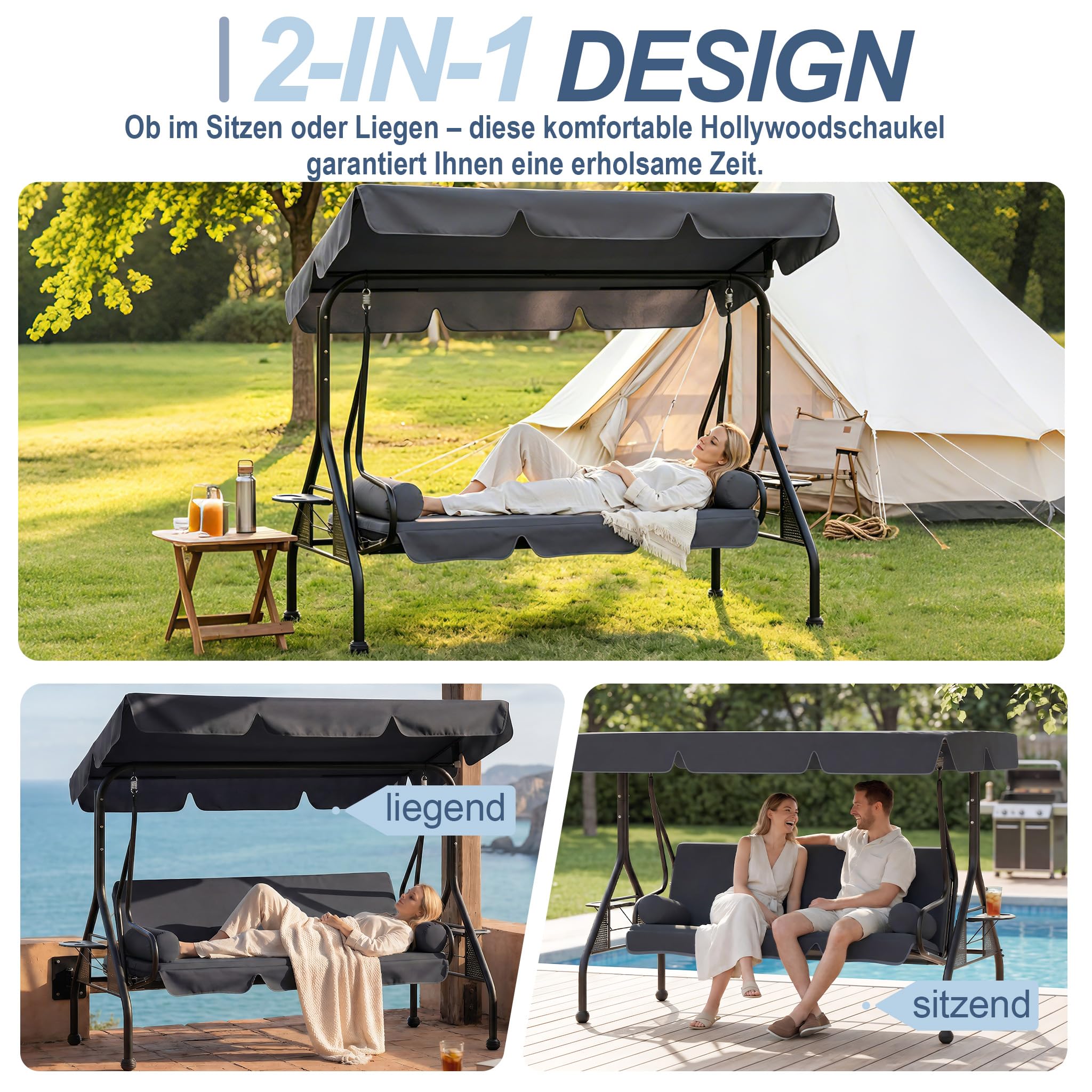 XMTECH Hollywoodschaukel 3-Sitzer mit Liegefunktion & verstellbarem Sonnendach, Gartenschaukel mit Seitentischen & Kissen, Schaukelbank Garten Terrasse, bis 350 kg, 185 x 113 x 163 cm, Anthrazit