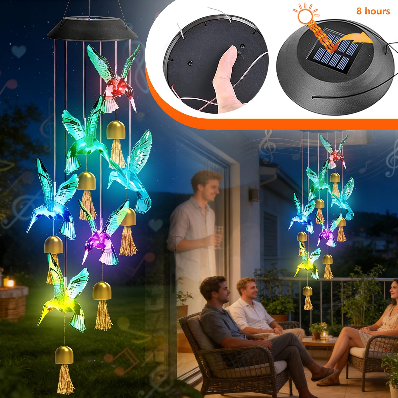 Scacciapensieri da giardino a LED solare, in metallo, per esterni, da appendere, set da 2 campanelli a vento a energia solare, da giardino, con design a colibrì, cambia colore, impermeabile, per