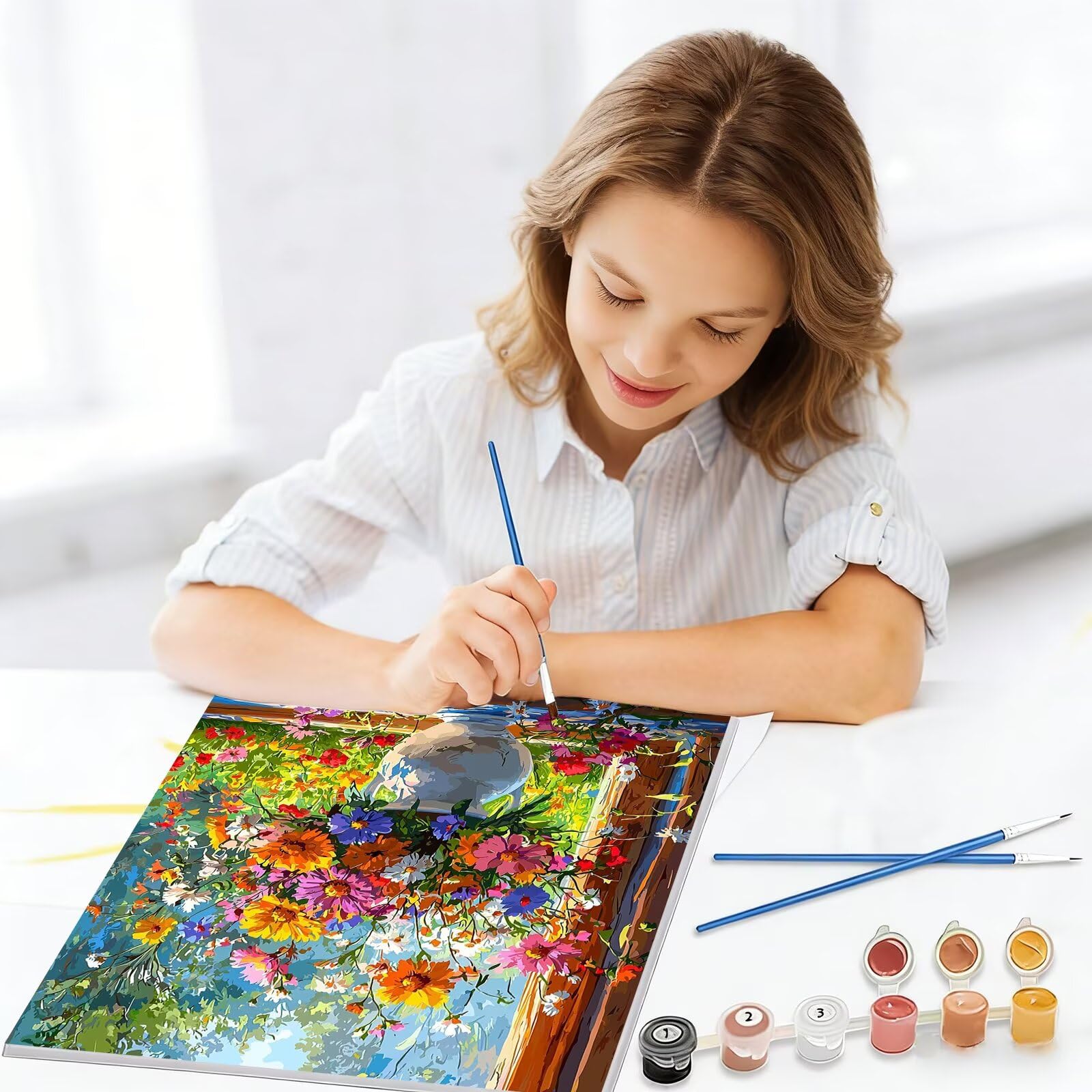 Malowanie po numerach kwiat, 90x120 cm Malowanie po numerach Okno dla dorosłych, Bezramowe, Zestaw do malowania olejnego na płótnie z 3 pędzlami, Pigment akrylowy, Paint by Numbers Dekoracja ścienna