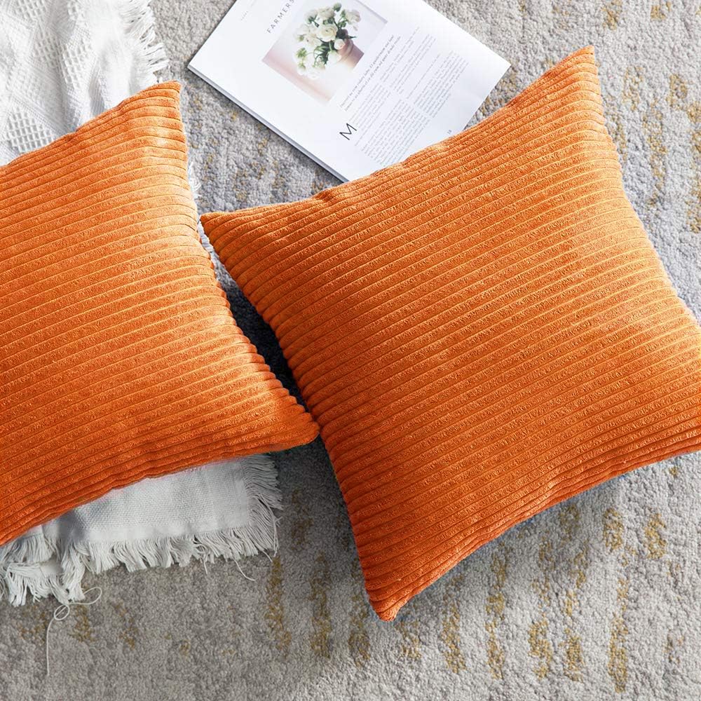 pack of 4, corduroy pillow covers 18x18, soft striped velvet throw pillow covers for couch, bedroom, car - solid cushion cases, orange