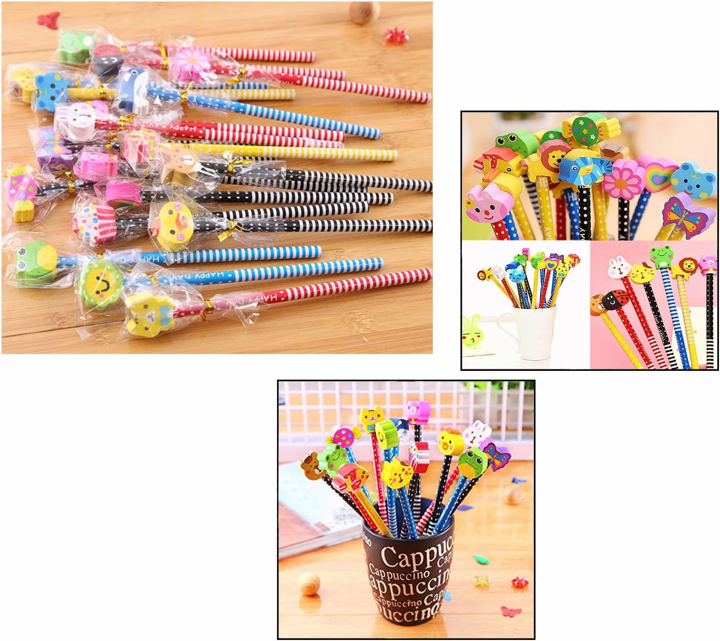OFKPO 24 Pack Pencil Erasers Random Style Creative Student Wood Cute Animal Rubber Eraser Head For Kids Stationery School Pencil