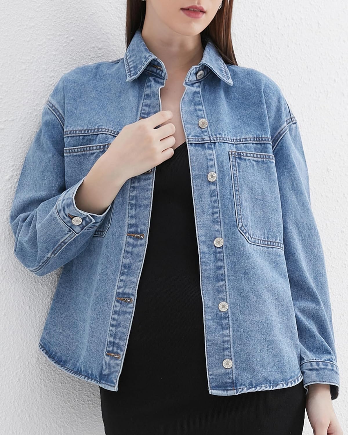 Women's Denim Jacket Oversized Loose Fit Lapel Button Front Jean Jackets Coat - Image 3