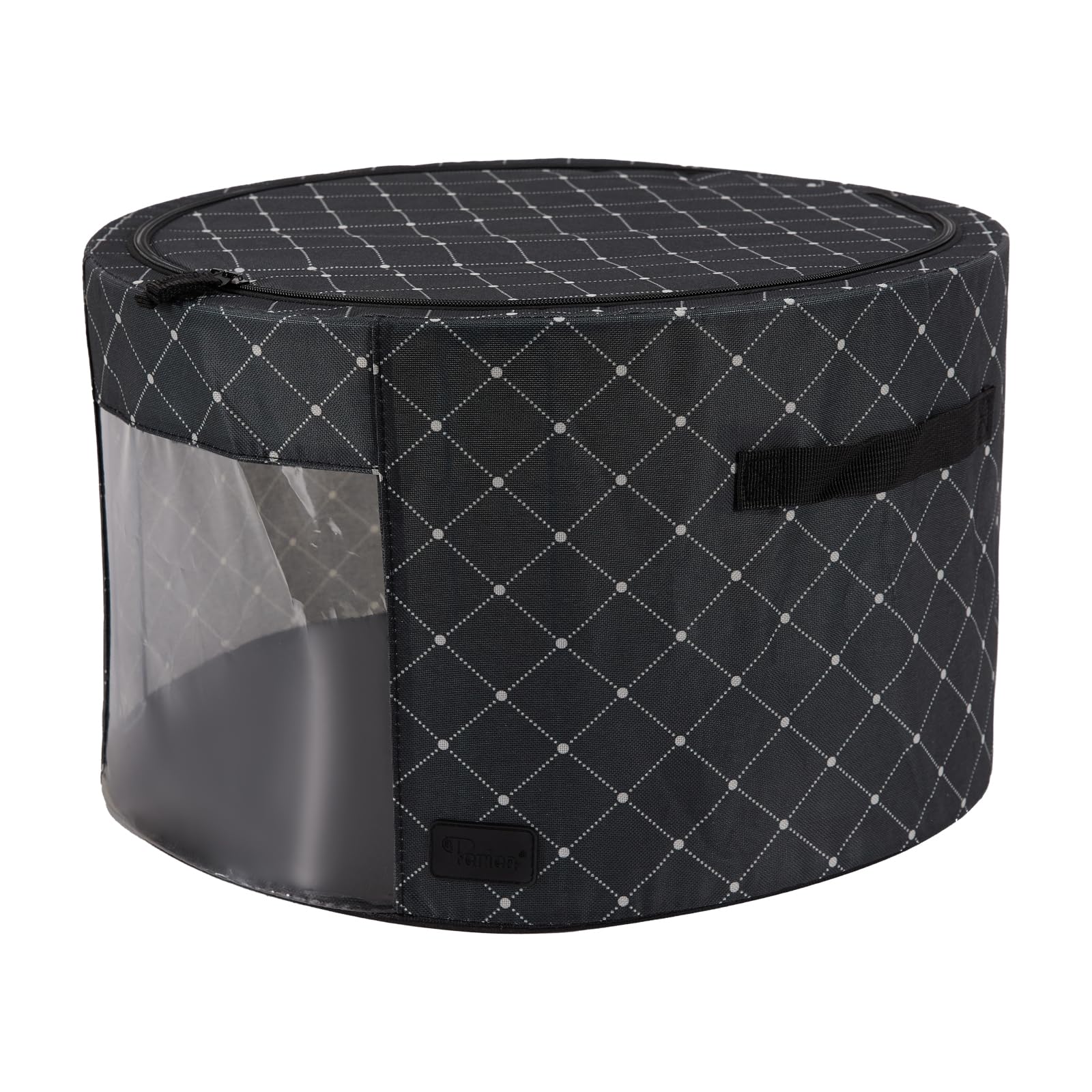 Periea 'Abby' Round Home Storage Boxes with Zip Lids, Front Window & Folding Steel Frame (Black Diamond, Large)