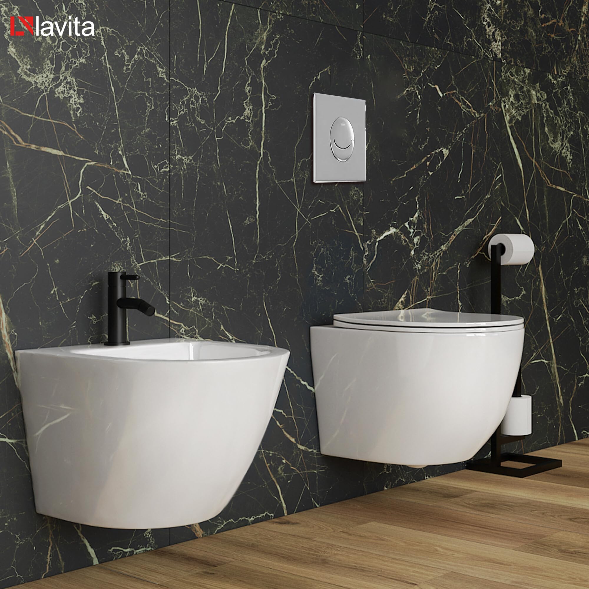 Lavita Vorwandelement Solido Start + Wand Hänge WC Sinto Weiß Spülrandlos + WC Sitz mit Absenkautomatik Verchromter Knopf Komplettset Unterputz Spülkasten Toilette Komplett Sett WC