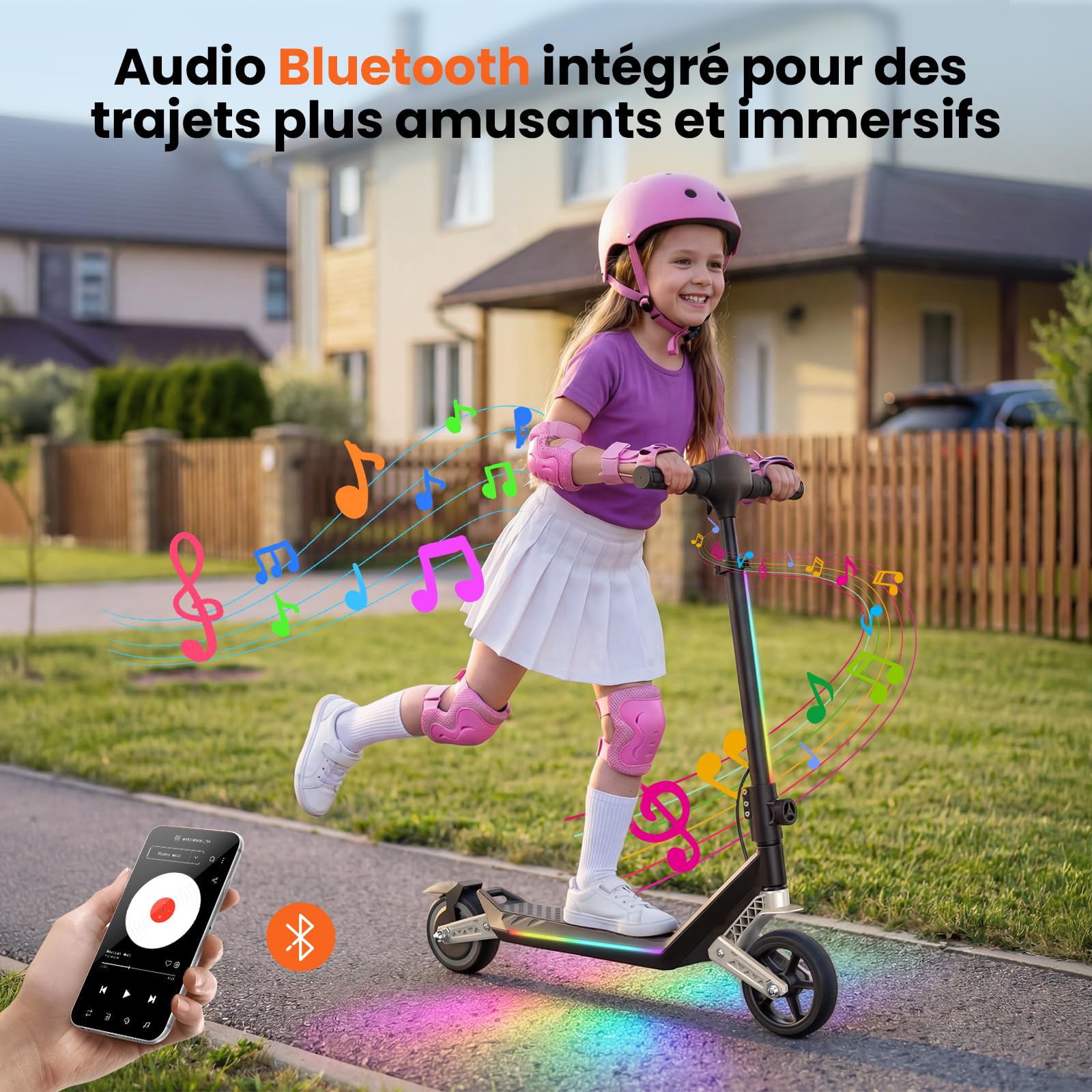 Trottinette Électrique Enfant K6,6-12 Ans,Pneus Pleins 6.5",3 Vitesses 5/10/16 km/h,Double Suspension Avant/Arrière,3 Modes LED,Bluetooth, Autonomie 9 km,Pliable Réglable,Charge Max 70 kg