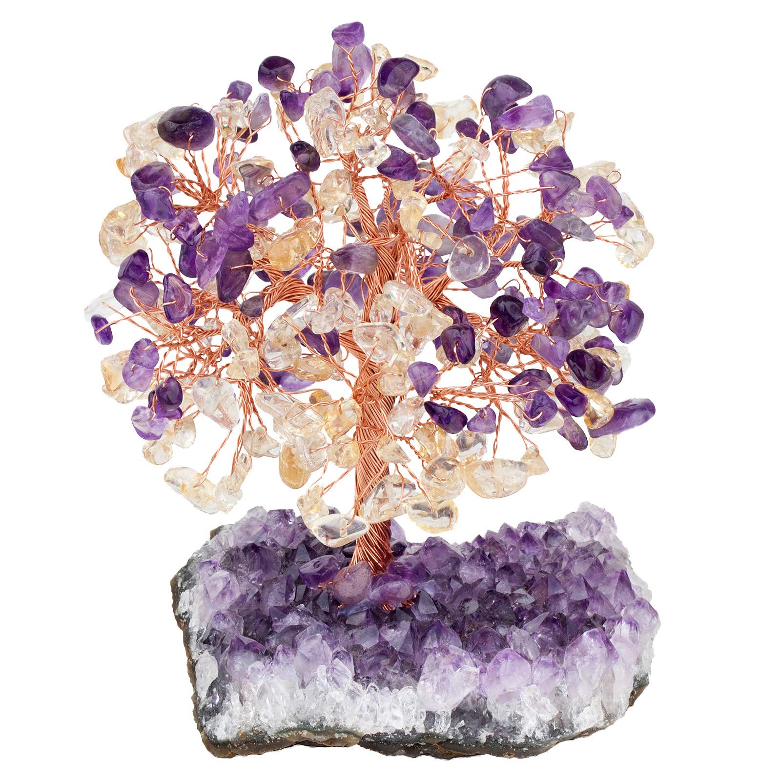Mookaitedecor Árbol de cristal de amatista y citrino con base de racimo, bonsái, árbol de dinero para riqueza, suerte, Feng Shui, adorno de decoración de habitación morado para curación de chakras