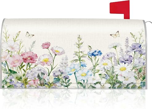 Spring Mailbox Covers Magnetic Standard Size, Watercolor Wildflower Butterfly Mailbox Wraps with Floral Garden Design, Seasonal Outdoor Garden Yard Front Porch Decor
