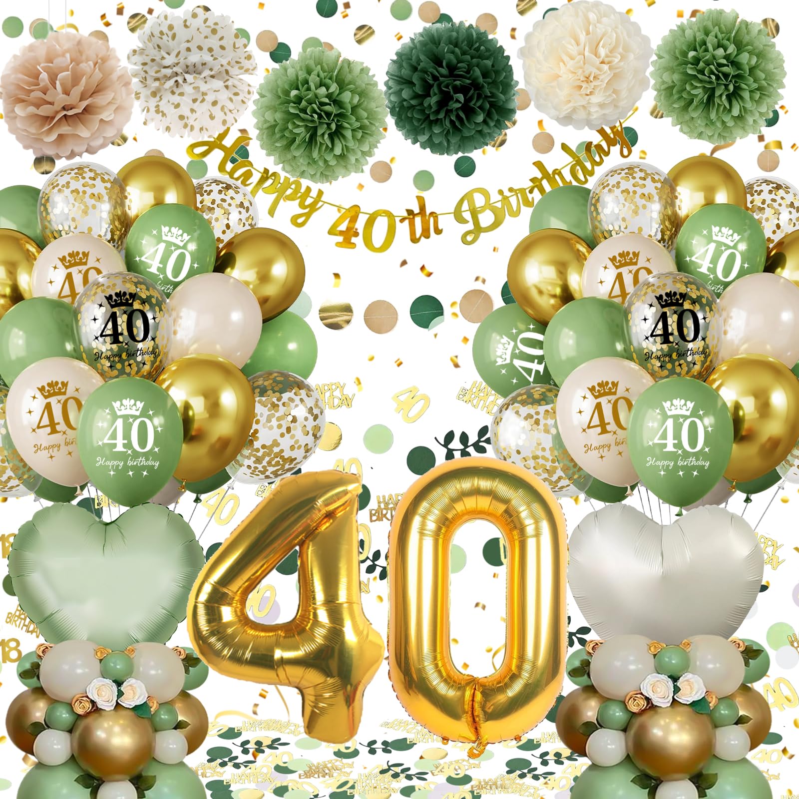 Decoracion 40 Cumpleaños Verdes Oro, Globos 40 Cumpleaños, 40 Años Globos Decoración Cumpleaños, Decoracion Fiesta 40 Cumpleaños, Guirnalda y Globos para Hombres Mujeres 40 Años Reutilizable