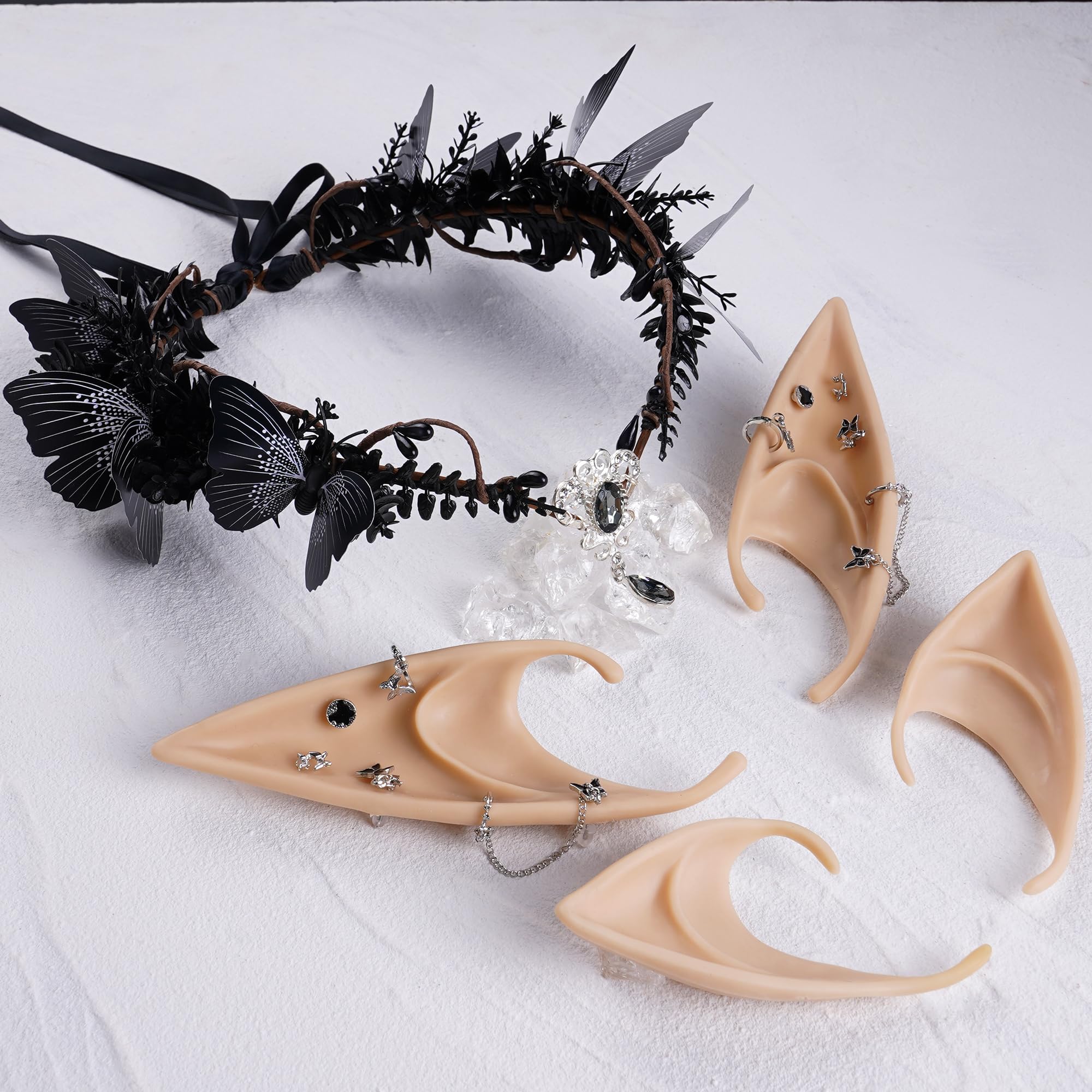 MOSTORY Gothic - Set di orecchie da elfo traforate per costumi di carnevale, da donna, con farfalla nera, accessori rinascimentali, strega, cosplay