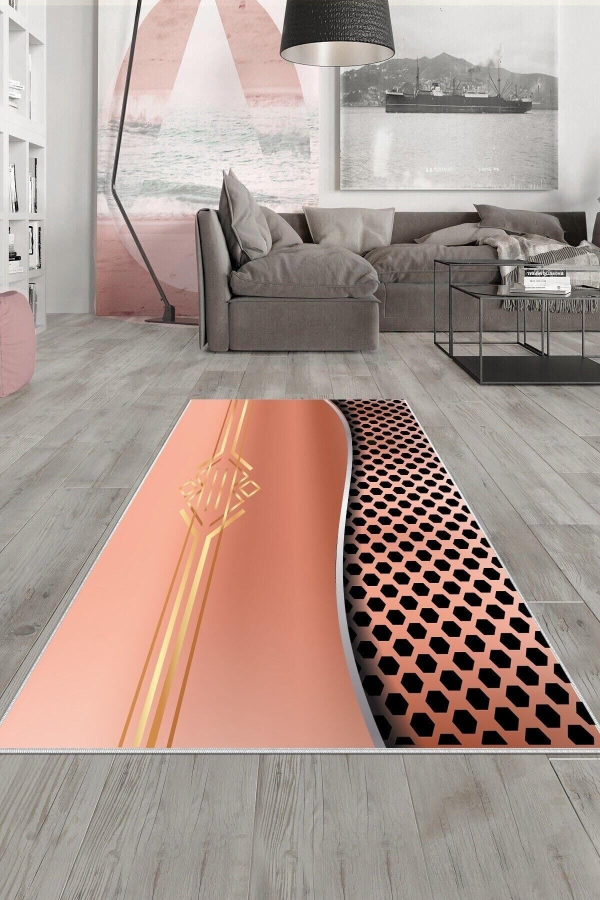 Pelangi Pembe Gold Şeritli Yıkanabilir Kaymaz Taban Leke Tutmaz Modern Salon Halısı Ve Yolluk, Pembe 180 x 250, 135811518025005