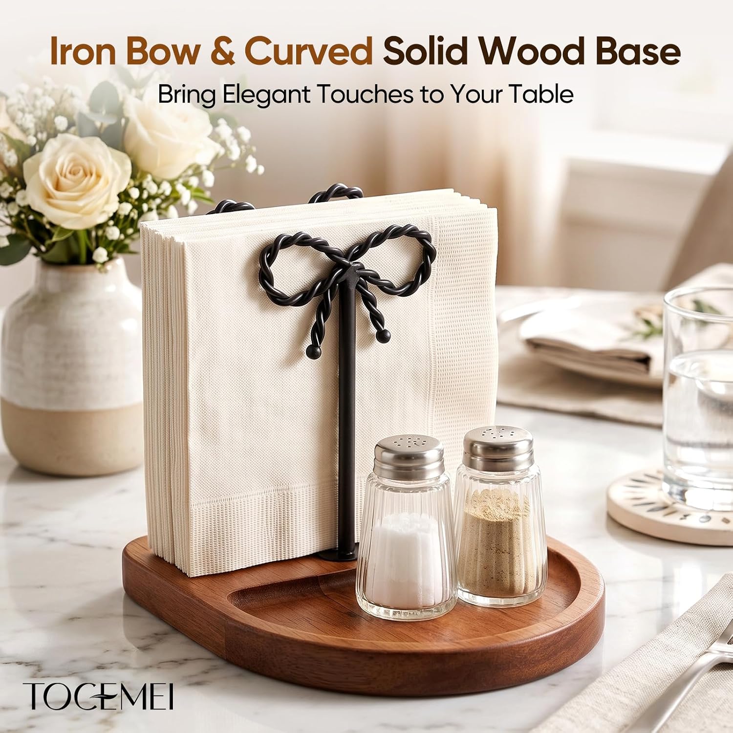 Wood Napkin Holder for Table,Twisted Bow Iron With Dual Storage