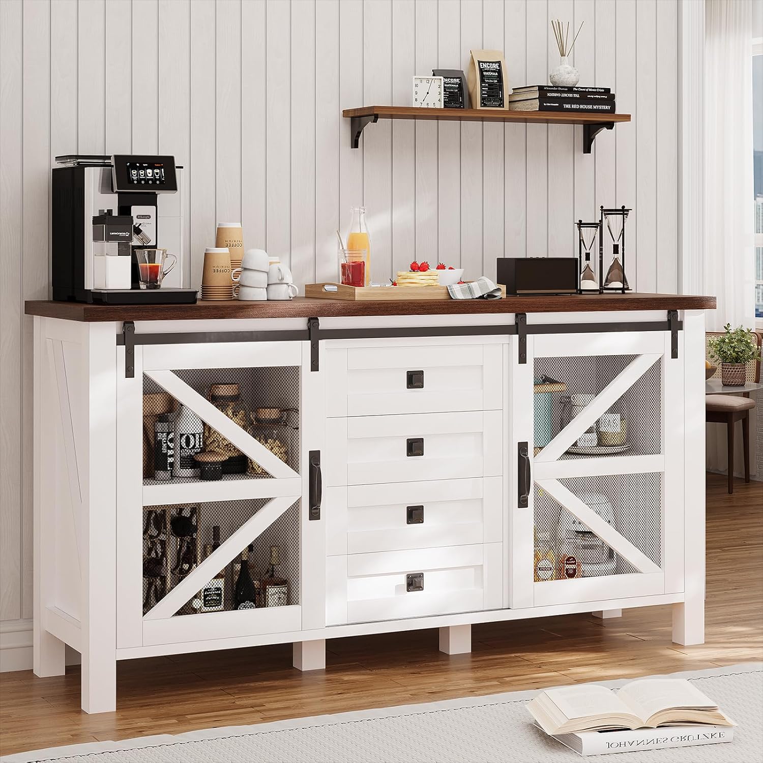 Farmhouse Sideboard Cabinet Buffet Cabinet with Storage, 60" Large Coffee Bar with 2 Sliding Barn Doors and 4 Drawers, Buffet Table for Kitchen Living Room, White