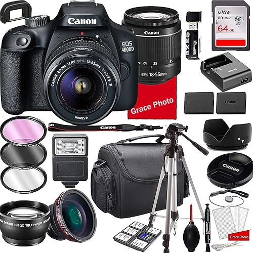 Canon EOS 4000D Cámara DSLR con lente de zoom de 0709-2165in f35-56 memoria de 64 GB funda trípode y más 28 unidades
