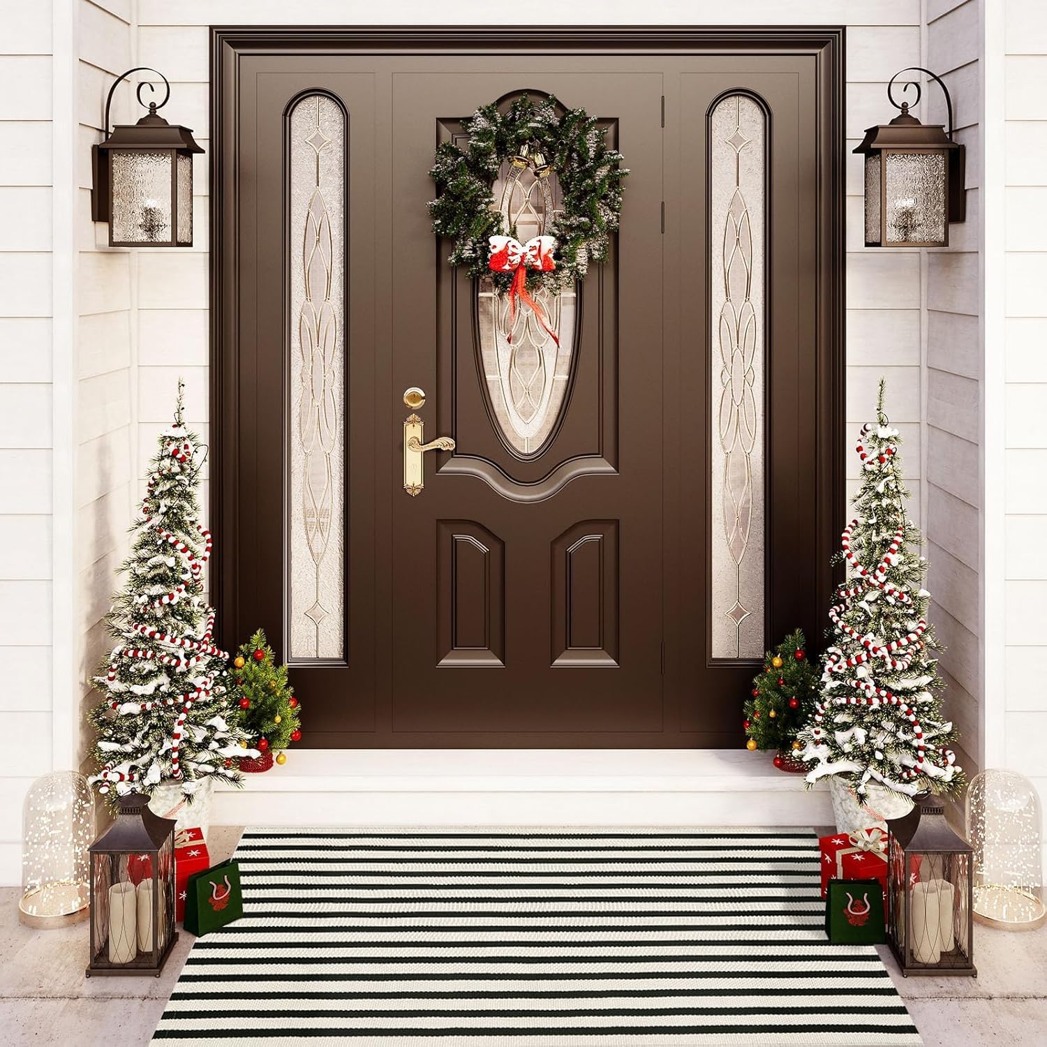 OJIA Outdoor Rug 3'x5', Front Door Mat Outdoor Entrance Machine Washable Rugs Cotton Hand Woven Striped Entryway Rugs Indoor Door Mat Black and Cream White Area Rug for Porch/Backyard/Outside Decor