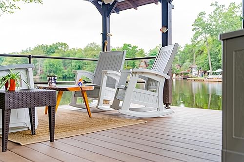 Miniatura 13 de Suncast Mecedora para patio al aire libre con almacenamiento debajo del asiento, elegante mecedora de madera sintética para patios, gris paloma y