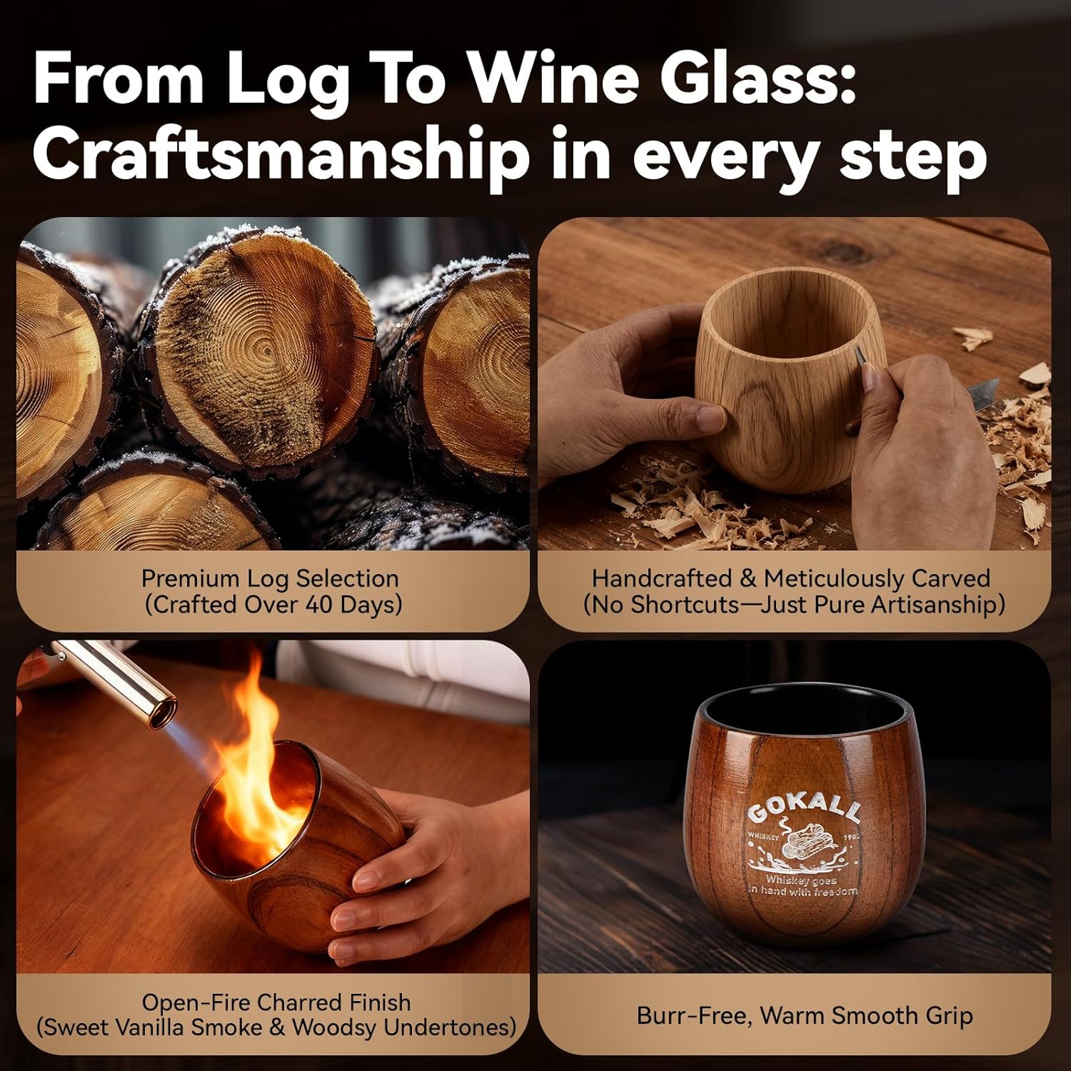 wooden whiskey glasses set of 2，Charred Wooden Bourbon Drinking Glass ，bourbon gifts for men，Handcrafted Premium Whiskey Glasses for Dad，Perfect Presents for Boyfriend Father Friends - Image 5