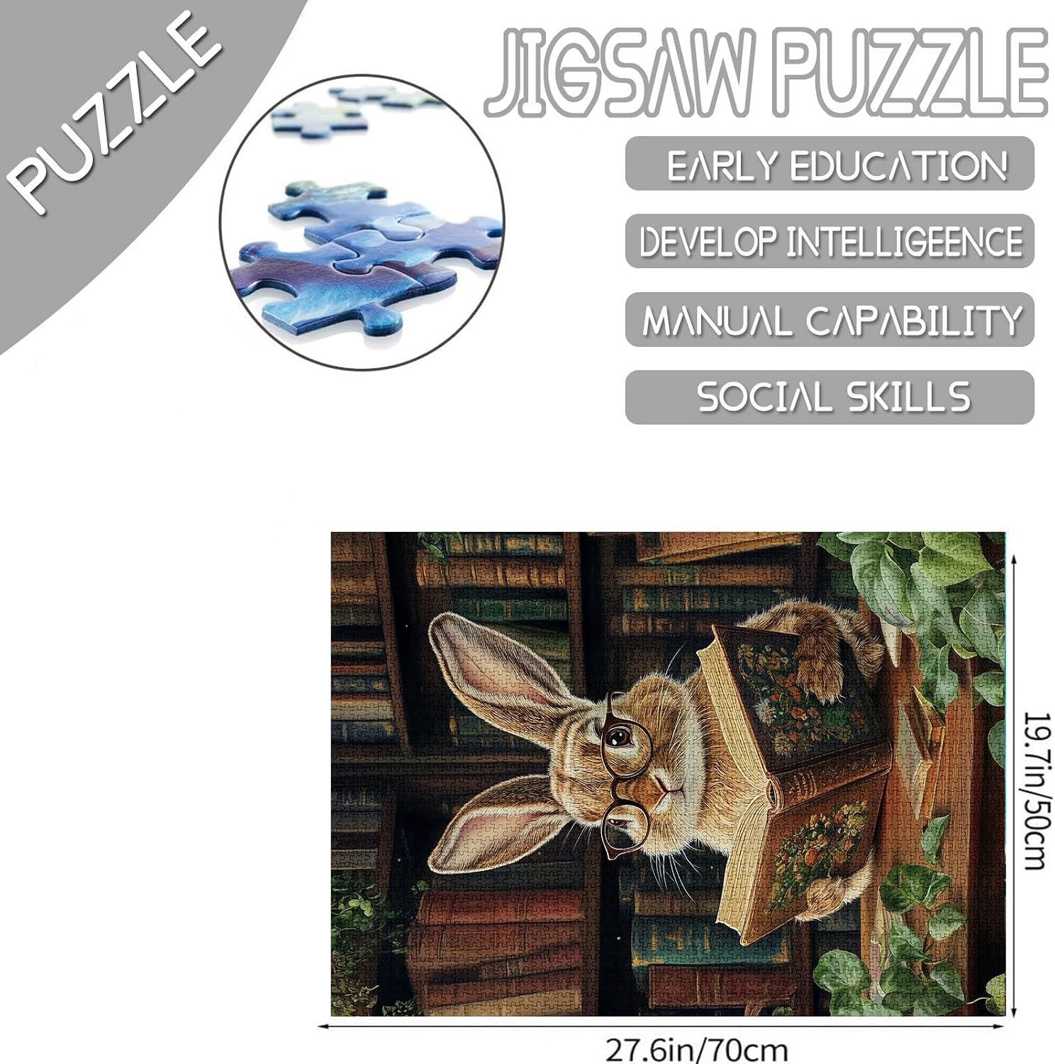 The Rabbit Wearing Glasses Puzzles for Adults 1000 Pieces,Retro Library Jigsaw Puzzle for Adult Collection Cute Bunny Reading Books Jigsaw Puzzles as Gift for Animal Lovers image 2