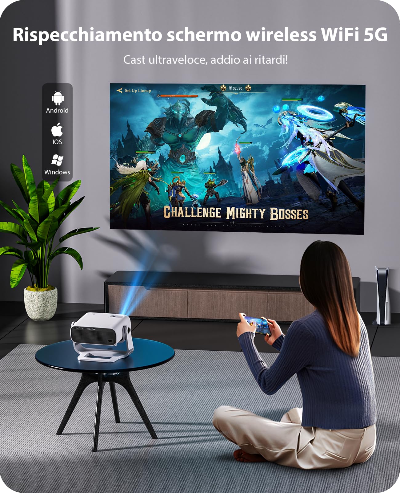Proiettore intelligente Wielio Android 11, Supporto FHD 1080P 4K, 650 ANSI, WiFi6 & BT5.2, Basso Rumore (<30 dB), Supporto Regolabile a 120°, Correzione Trapezoidale, per Android/iOS/Switch/PS5
