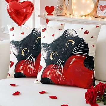 OTOSTAR Valentines Day Throw Pillow Covers 18x18 Inch Set of 2, Red Heart Black Cat Anniversary Wedding Decorative Pillow Cases Winter Holiday Cushion Covers for Sofa Couch