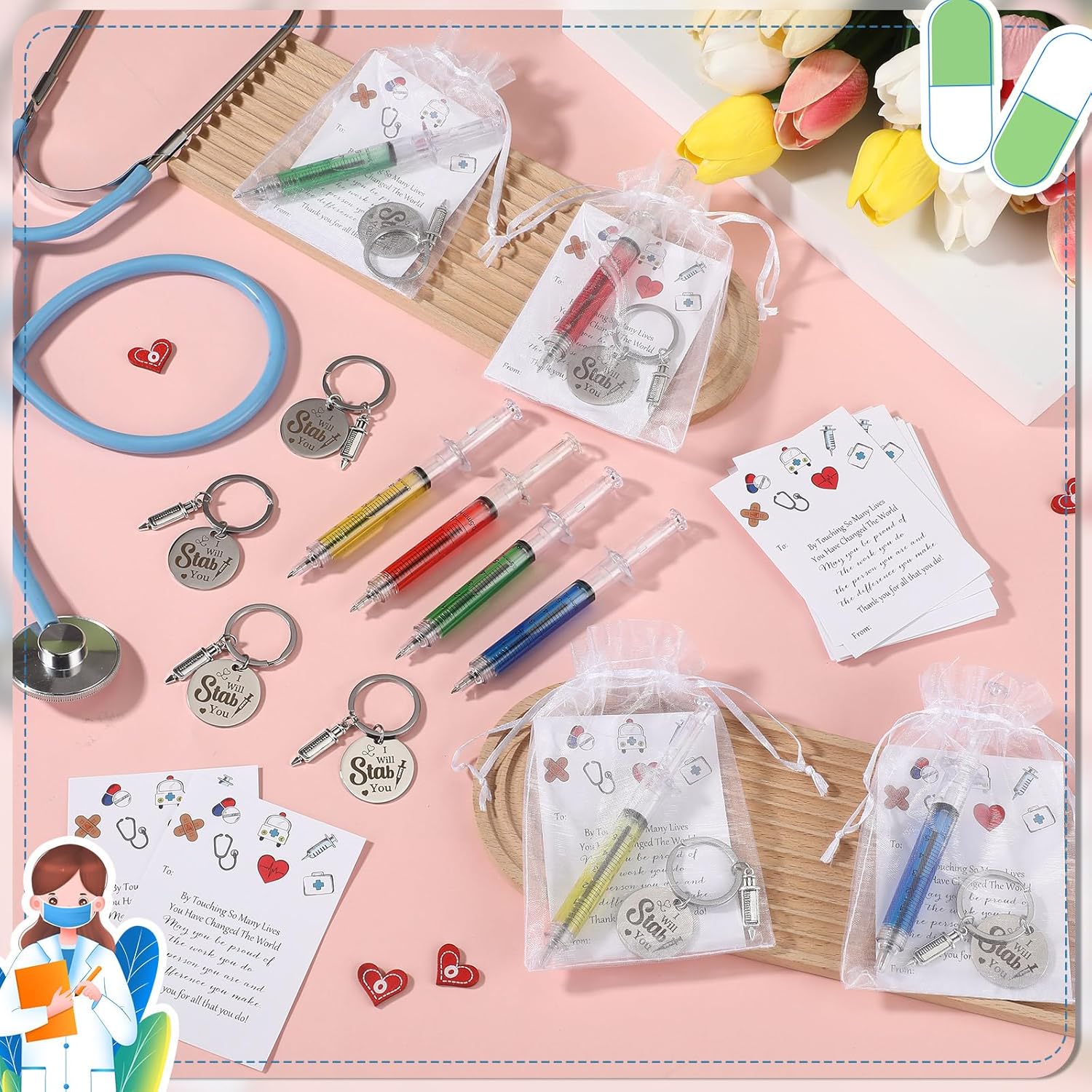 Dispowreath 24 Sets Christmas Nurse Gifts Bulk Syringe Pens Keychains Funny Novelty Nurse Pen with Thank You Cards Bag for Doctor Coworker Assistant Hospital Supplies