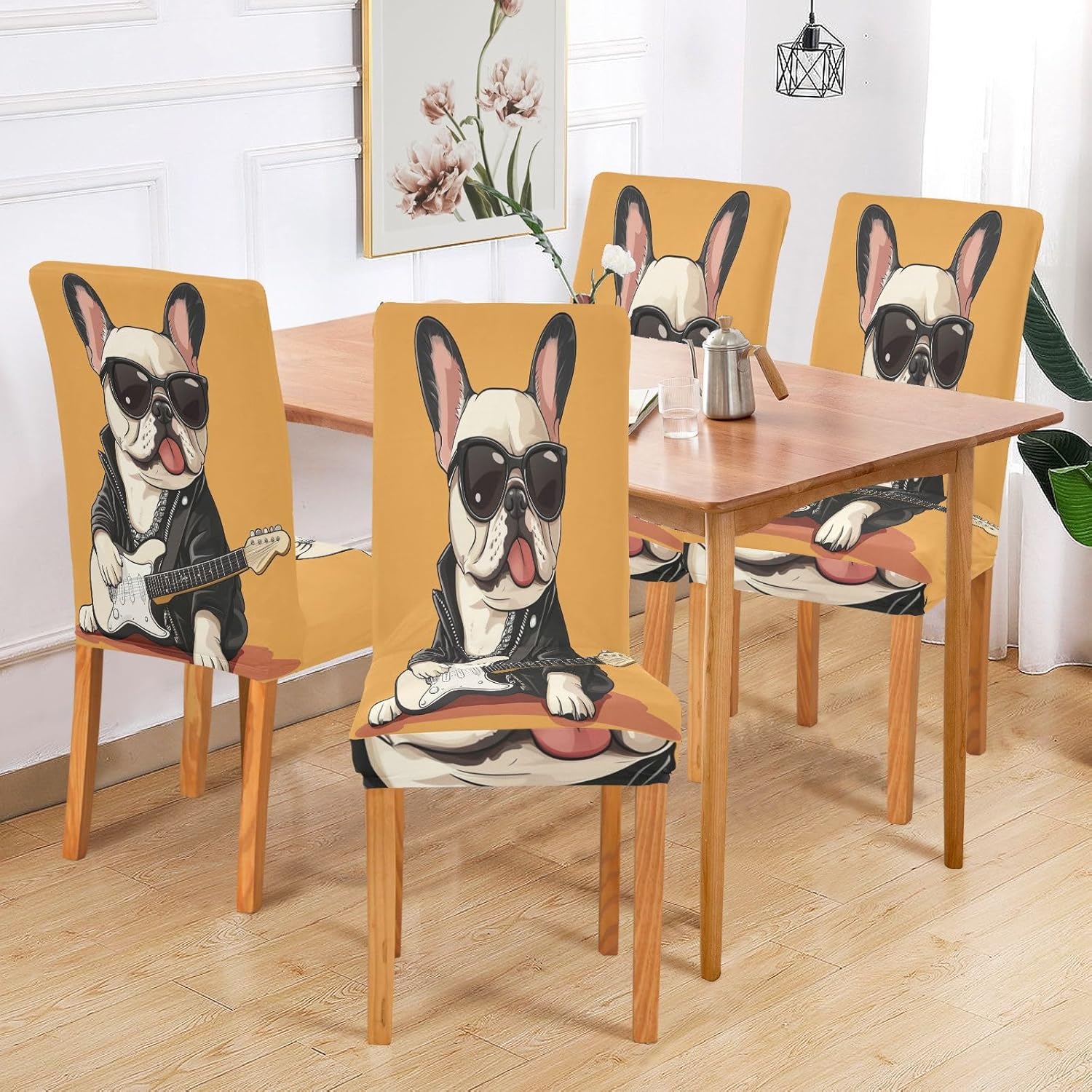 ALAZA Chair Covers for Dining Room, Cartoon Rock and Roll French Bulldog Stretch Chair Cover Sets Chair Protector Removable Washable for Ktichen Restaurant Hotel