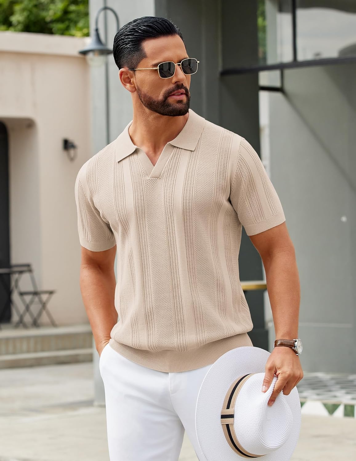 COOFANDY Mens Knit Polo Shirts V Neck Textured Polo Shirts Short Sleeve Breathable Polo Casual Collared T Shirt Fashion Tops - Image 8