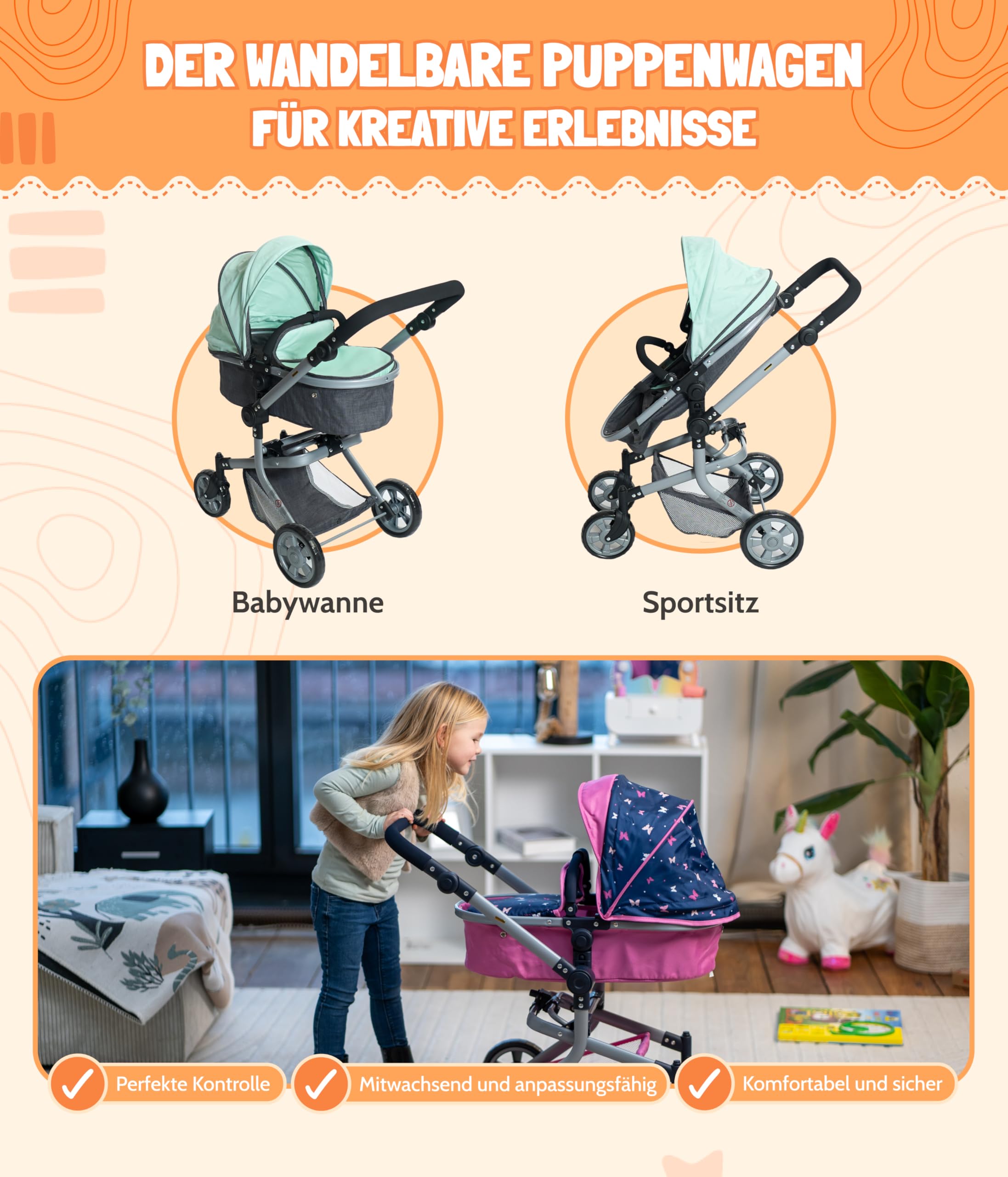 Bayer Chic 2000® 2in1 Puppenwagen Mika – Melange Mint – faltbar – höhenverstellbarer Griff 47-80 cm – modernes Gestell – Puppen bis 52 cm – 4-8 J.