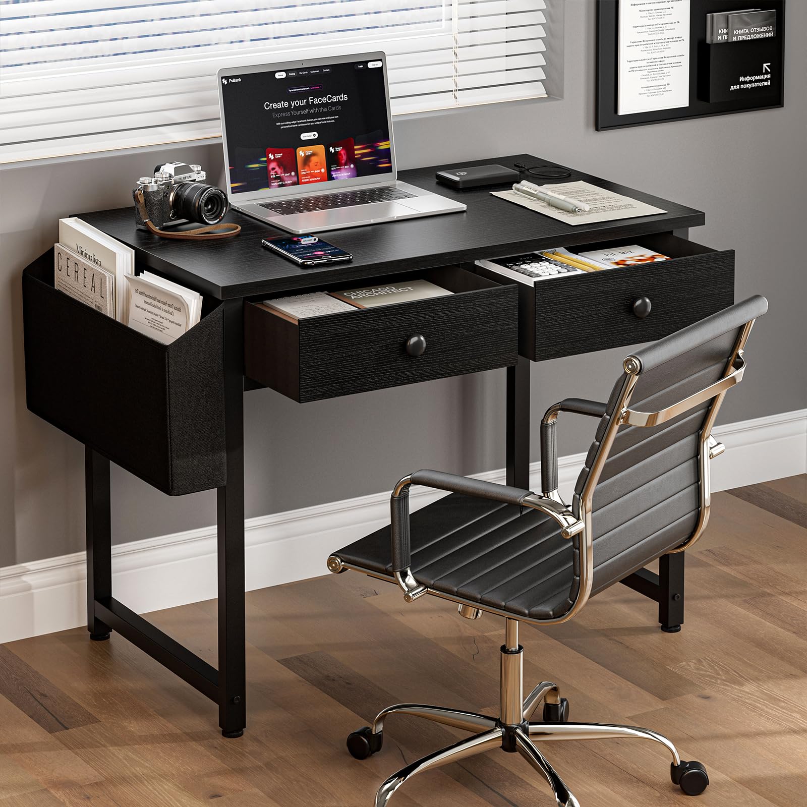 Grandder Piccolo tavolo per computer con 2 cassetti in tessuto, 100 cm, con scomparti e cassetti, scrivania per piccoli spazi, colore nero
