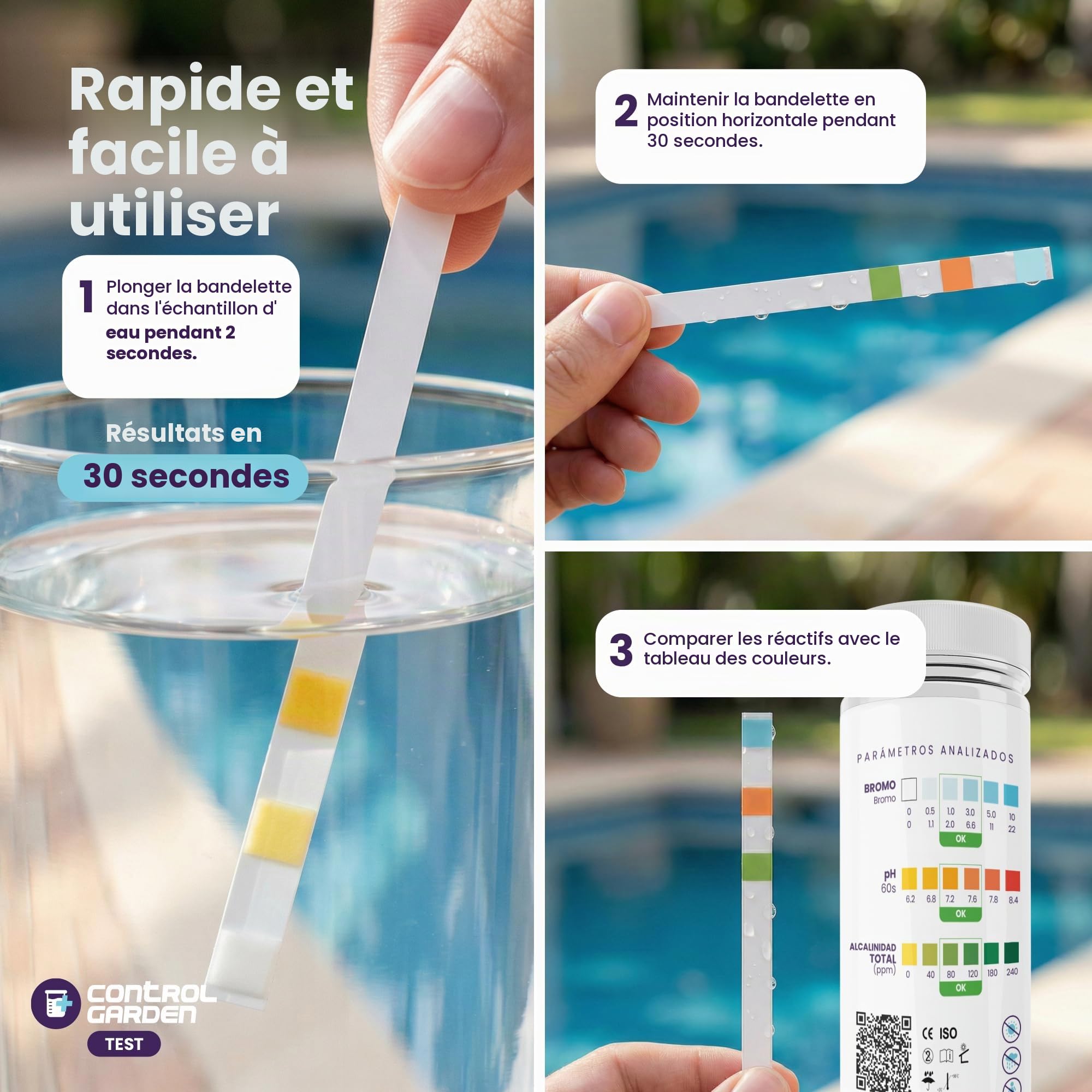 CONTROL GARDEN 160 bandelettes de test pH 3 en 1 | Test pour piscine et spa | Testeur de pH, brome et alcalinité totale de l'eau de baignade | Analyse rapide en 30 secondes | Contrôle précis