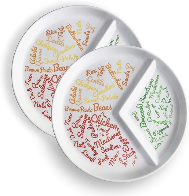 j&m Divided Slimming Plate with Sections for Easy Portion Control (2 Pack), Beautifully Designed with Food Ideas for Sustainable Weight Loss, Easily Follow a Balanced Diet