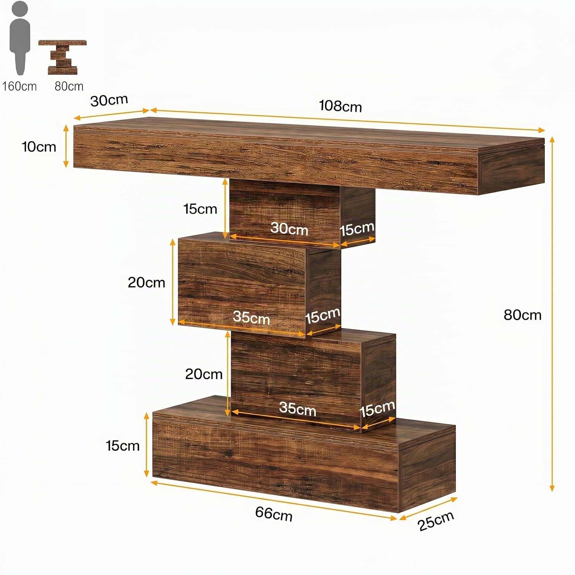 LITTLE TREE Konsolentisch, 108 x 30 x 80cm, Bauernhaus-Sofatisch mit Geometrisches Design, Schmaler Eingangstisch aus Holz für Wohnzimmer, Flur, rustikales Braun