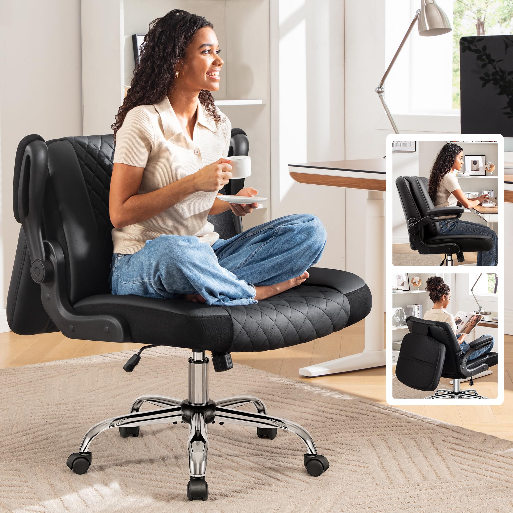 Criss Cross Office Chair with 2-in-1 Flip Backrest – Ergonomic PU Leather Floor 