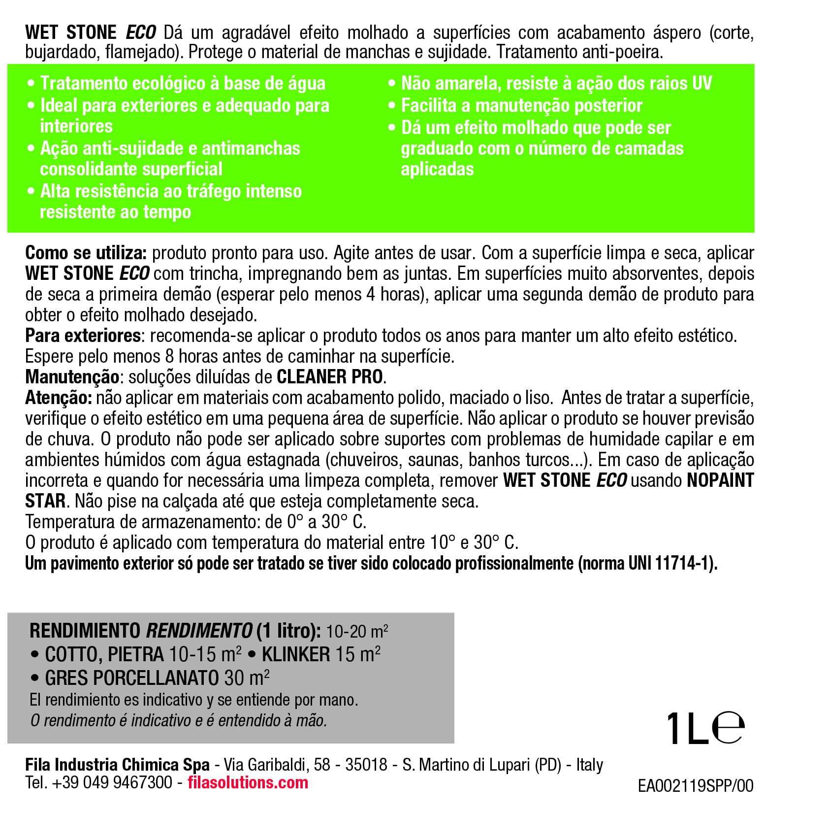 FILA Surface Care Solutions, WET STONE ECO, Protector de Piedras Naturales a Efecto Mojado, Hidrofugante Piedra, Repelente de Manchas y Suciedad,Suelos Interiores y Exteriores, Base Acuosa, 1L