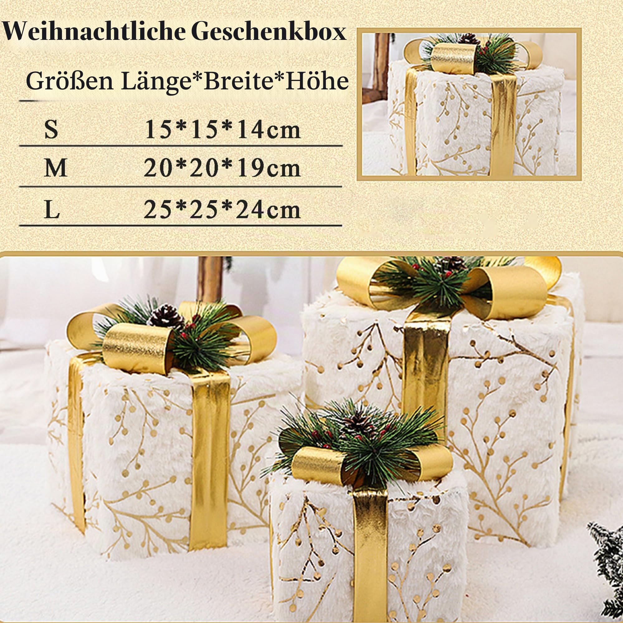 Set mit 3 Leuchtende Box, Große Baumschmuck Weihnachten Boxen mit Deckel und Dekorativer Schleife, Weihnachtsboxen für Schränke, Ausstellungshallen und Heimdekoration, Gold