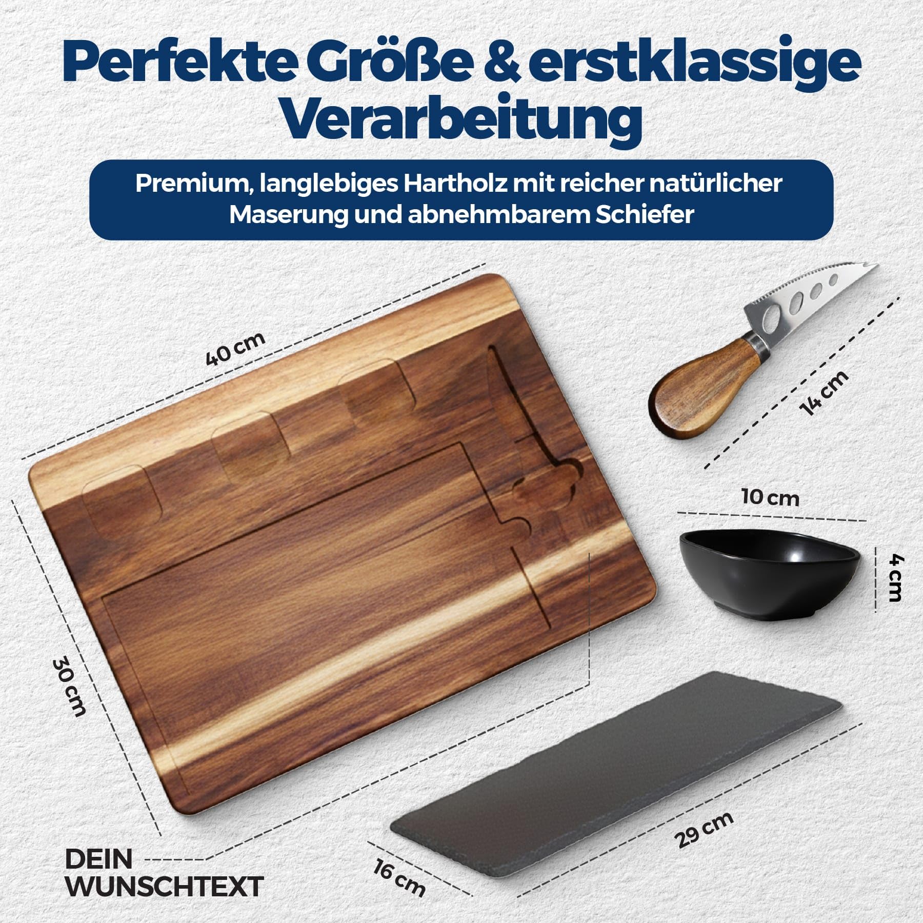 Servierbrett Set PERSONALISIERBAR mit Schieferplatte – Große Antipasti Platte aus Akazienholz inkl. Käsemesser & 3 Schalen – Servierplatte für Käse, Sushi, Tapas & Grill – Käseplatte 40x30 cm