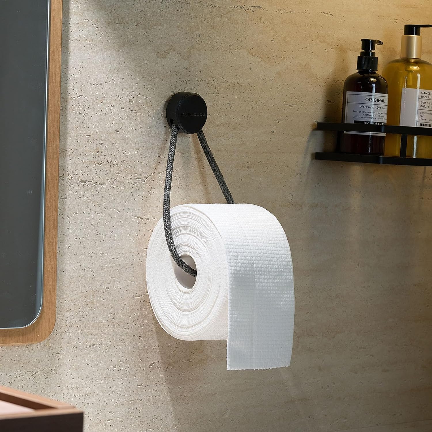 Toilet Paper Holder Wall Mount, Polyester Rope & Plastic Bathroom Tissue Roll Holder with Shelf, Rustproof Toilet Paper Dispenser for RV Kitchen Commercial, Easy DIY Installation, Matte Black