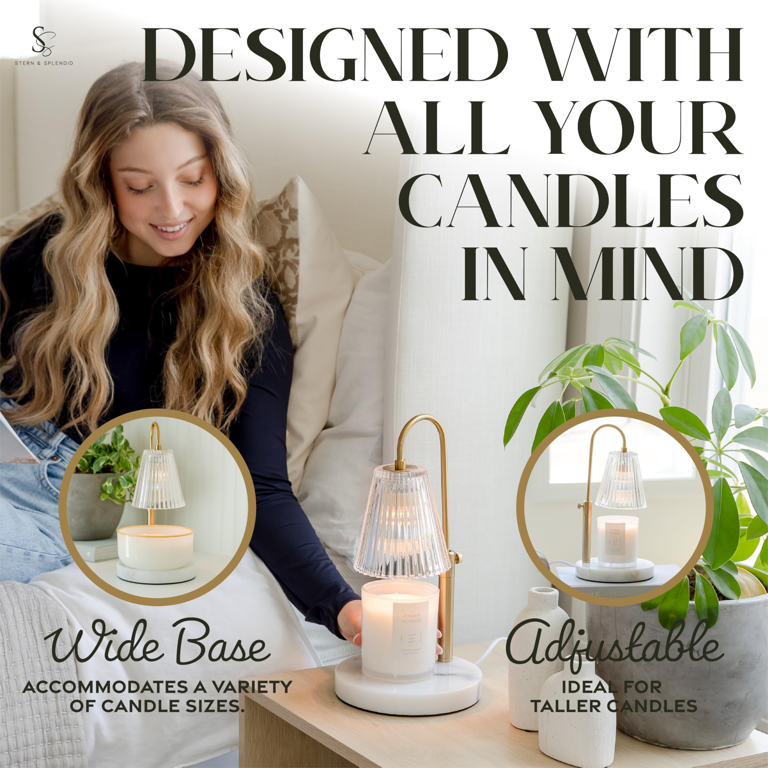 Lampada riscaldante senza fiamma per candele in vaso grande e piccola - riscaldatore per candele elettrico con base in marmo grande e altezza regolabile - melter candela con timer e 4 lampadine
