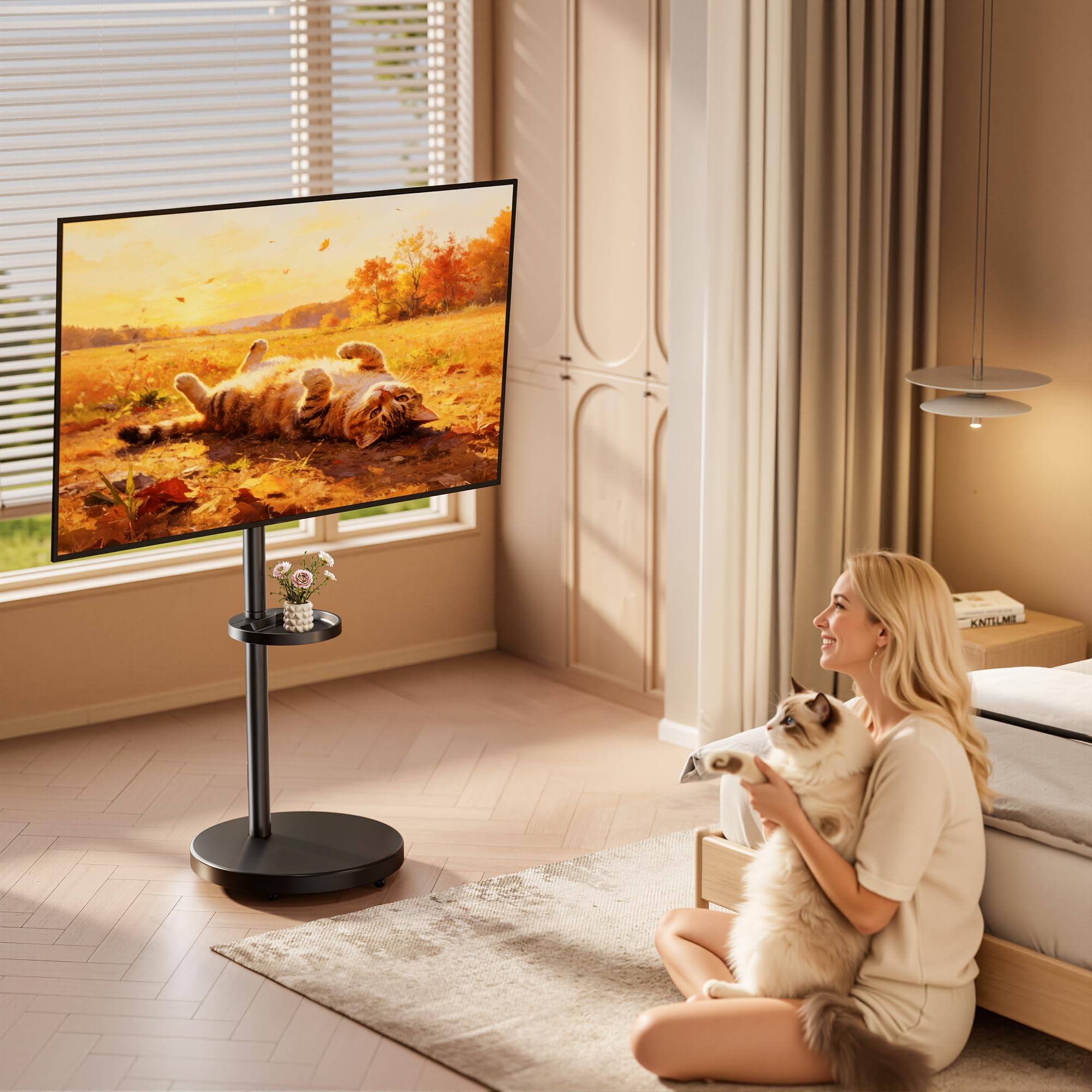 Mobilny stojak pod telewizor na kółkach – do ekranów 32–65 cali | do 40 kg– z regulacją wysokości i półką – obrót pion/poziom – maks. VESA 400x400 mm – Czarny