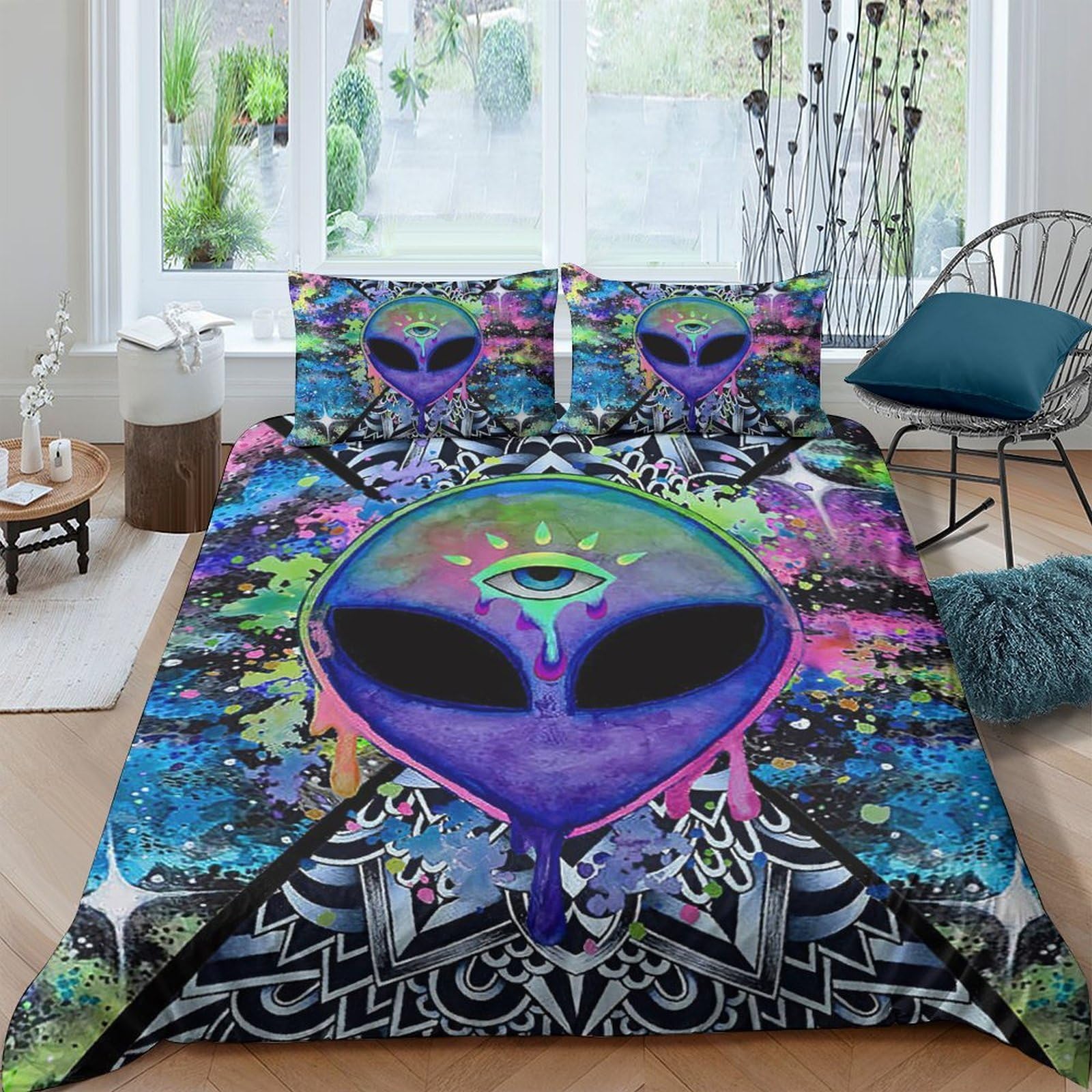 Ctjqhvkz Style-3 3D Printed Alien Head Fitted Sheet Microfiber Soft Breathable Graffiti Mattress Cover For Bedroom Guest Room Decor Single（135X200cm）