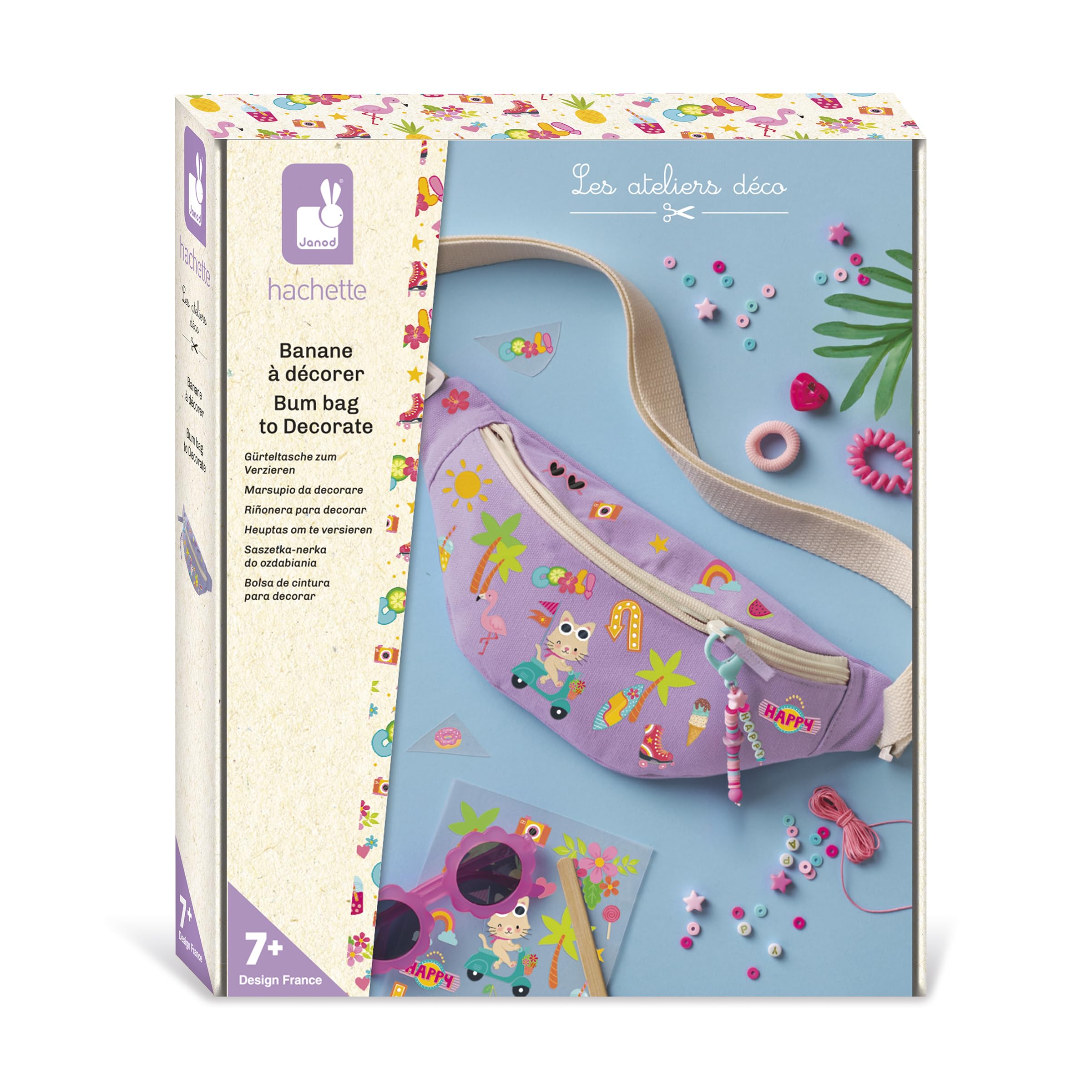 Janod – Kit Créatif Personnalisation Sac Banane – Personnalise ta Sacoche Banane - Coffret DIY Complet : 1 Banane + Décalcomanies + Porte-​Clé – Sac100% Coton OEKOTEX – Activité Manuelle Dès 7 Ans