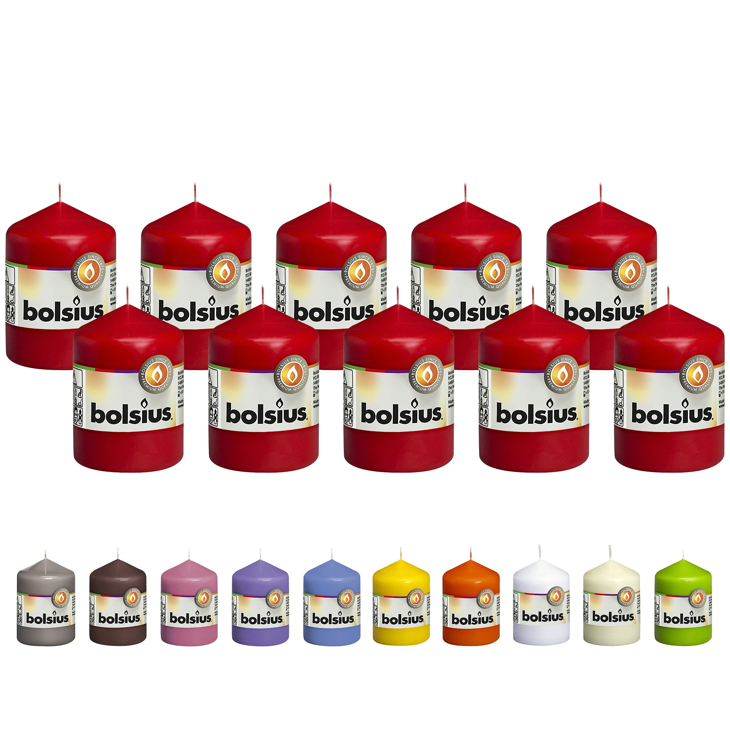 bolsius 10 red pillar candles - 2.25 x 3.25 inches - premium european quality - individually wrapped - 17 hour burn time - dripless smokeless unscented dinner, wedding, party, & restaurant candles