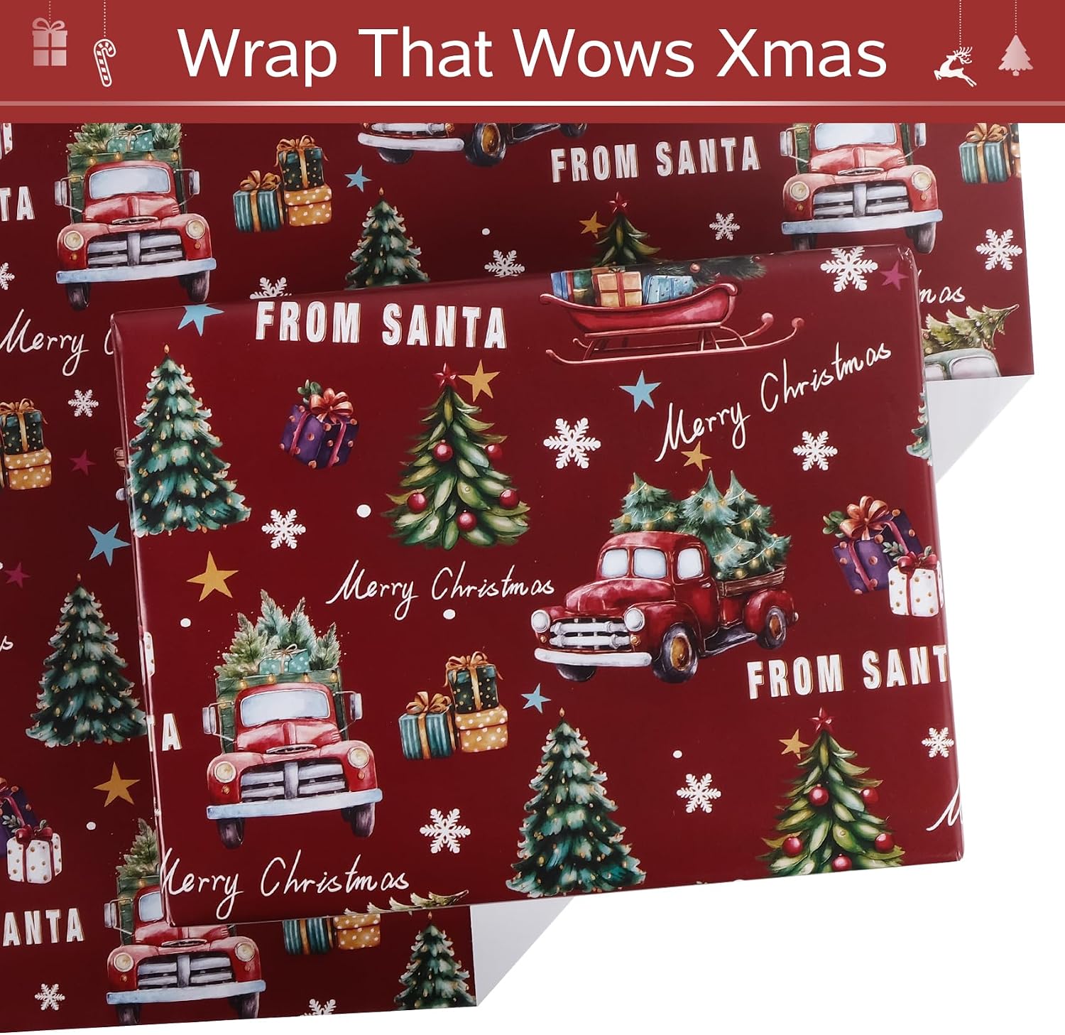 RayofSun Christmas Wrapping Paper Roll 17 in x 32 ft, Red Trucks with Trees Presents, Merry Christmas Gift Wrapping Paper Rolls,Cute Holiday Kids Gift Wrap Paper for Boys Girls Xmas Party image 3